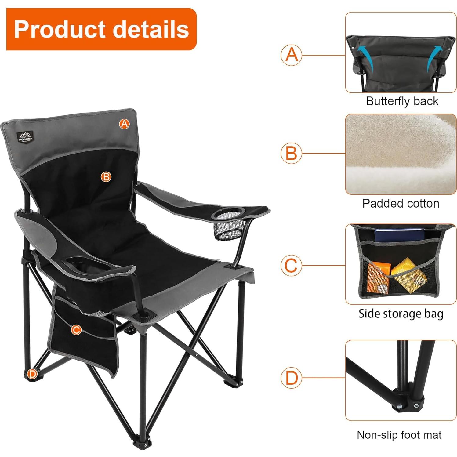 Oversized Folding Camping Chair,Heavy Duty Padded Portable Lawn Chair w/Extra Large Cup Holder,Side Pocket for Adults Outdoor Sports Hiking Beach Garden Picnic,Black