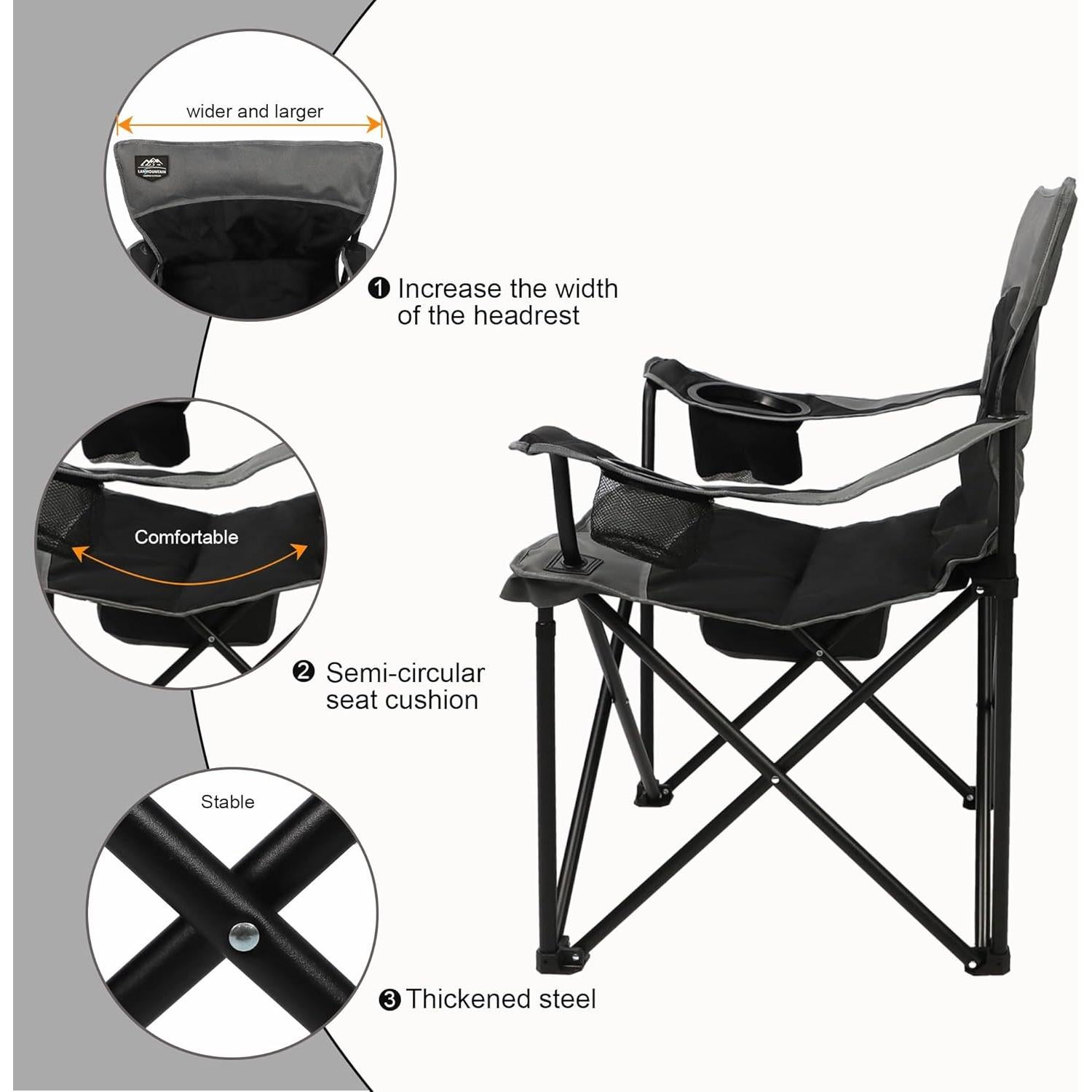 Oversized Folding Camping Chair,Heavy Duty Padded Portable Lawn Chair w/Extra Large Cup Holder,Side Pocket for Adults Outdoor Sports Hiking Beach Garden Picnic,Black