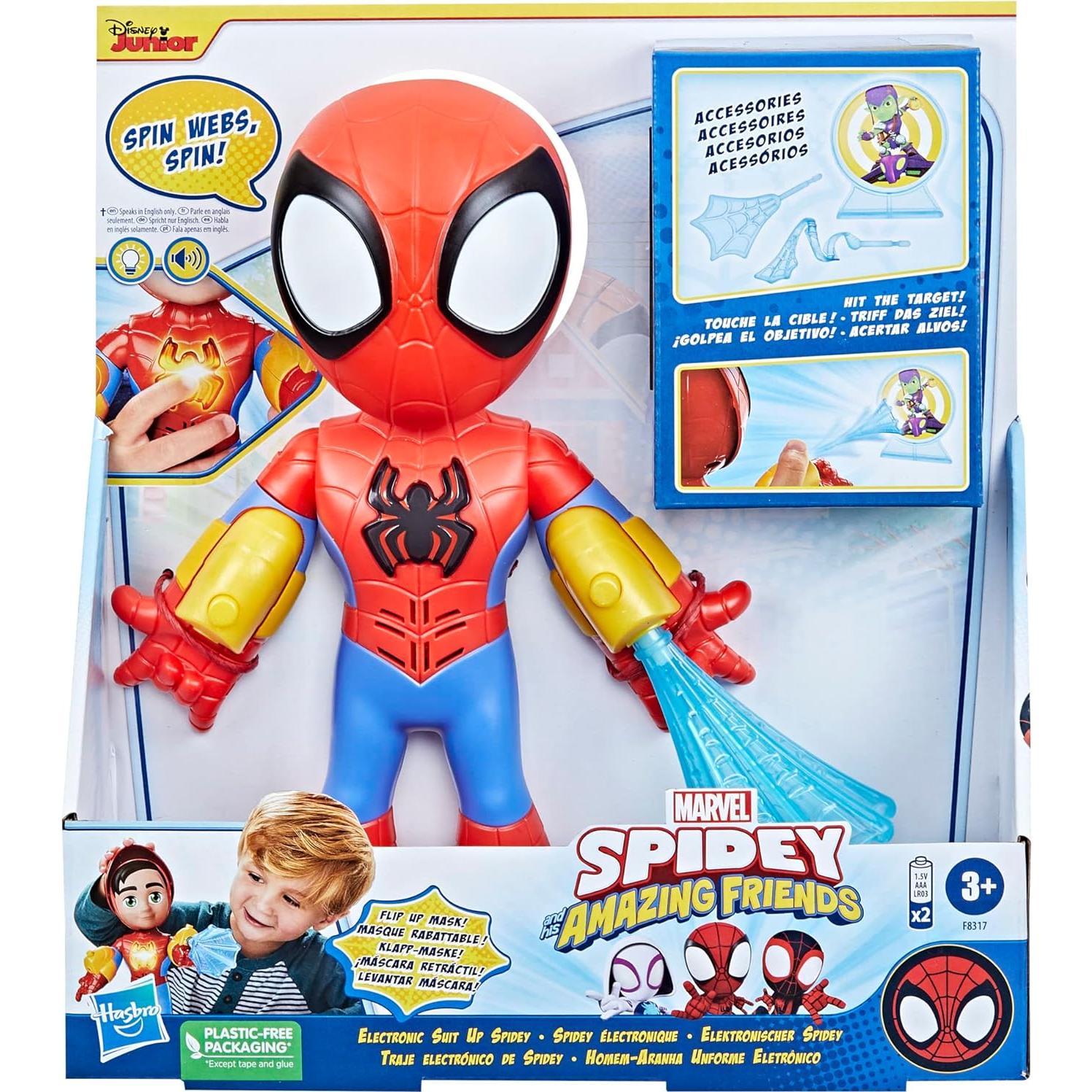 Marvel Spidey and His Amazing Friends Electronic Suit Up Spidey, 10-Inch Action Figure with Lights and Sounds, Preschool Toys for Kids Ages 3 and Up