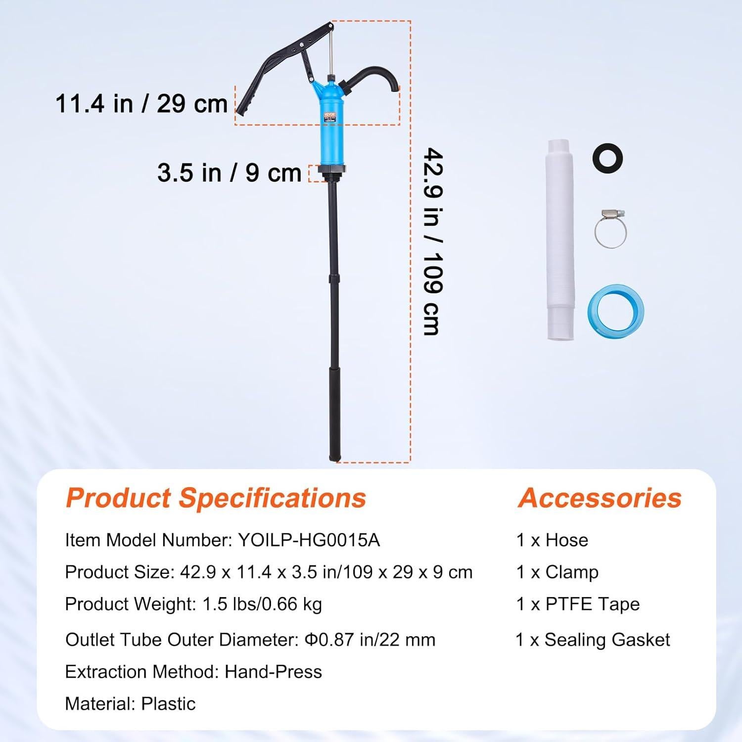 VEVOR Drum Pump, 9.5 oz. Per Stroke, Lever-Action Barrel Pump, Fits 5-55 Gallon Drums with 3-Section Suction Tube Assembly & Hose, Hand Operated, Designed to Transfer Water, Alcohol, Corrosive Liquids