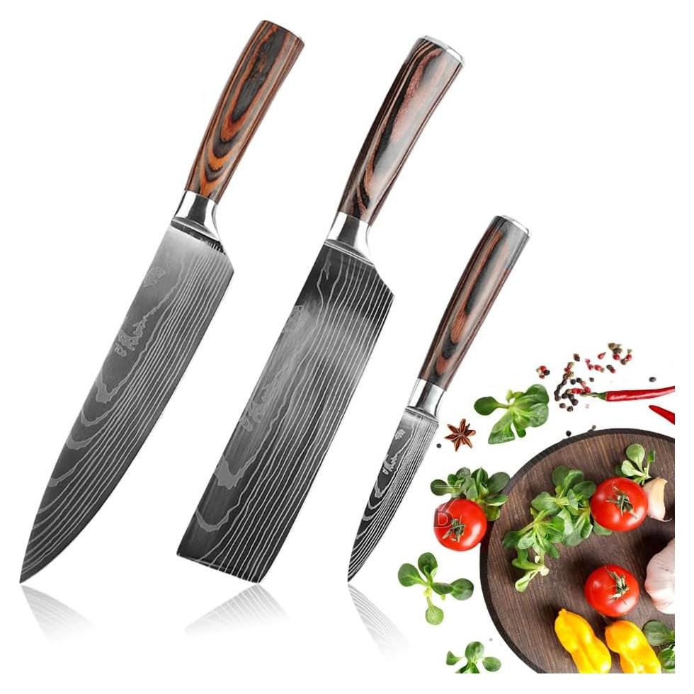 3PCS Kitchen Knife Set, Professional Japanese Chef Knives with High Carbon Stainless Steel Ultra, Sharp Aikido Knives with Ergonomic Color Wooden Handle for Cooking Meat, Fruits, Vegetables.