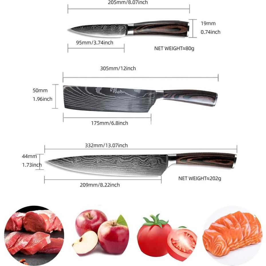 3PCS Kitchen Knife Set, Professional Japanese Chef Knives with High Carbon Stainless Steel Ultra, Sharp Aikido Knives with Ergonomic Color Wooden Handle for Cooking Meat, Fruits, Vegetables.