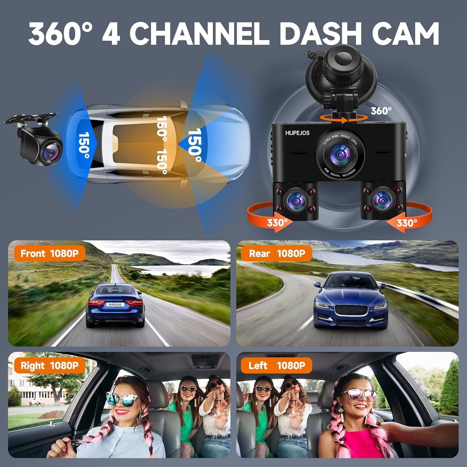 Cámara Dash 360° HUPEJOS V7 4 Canales FHD 1080p Wi-Fi 64GB