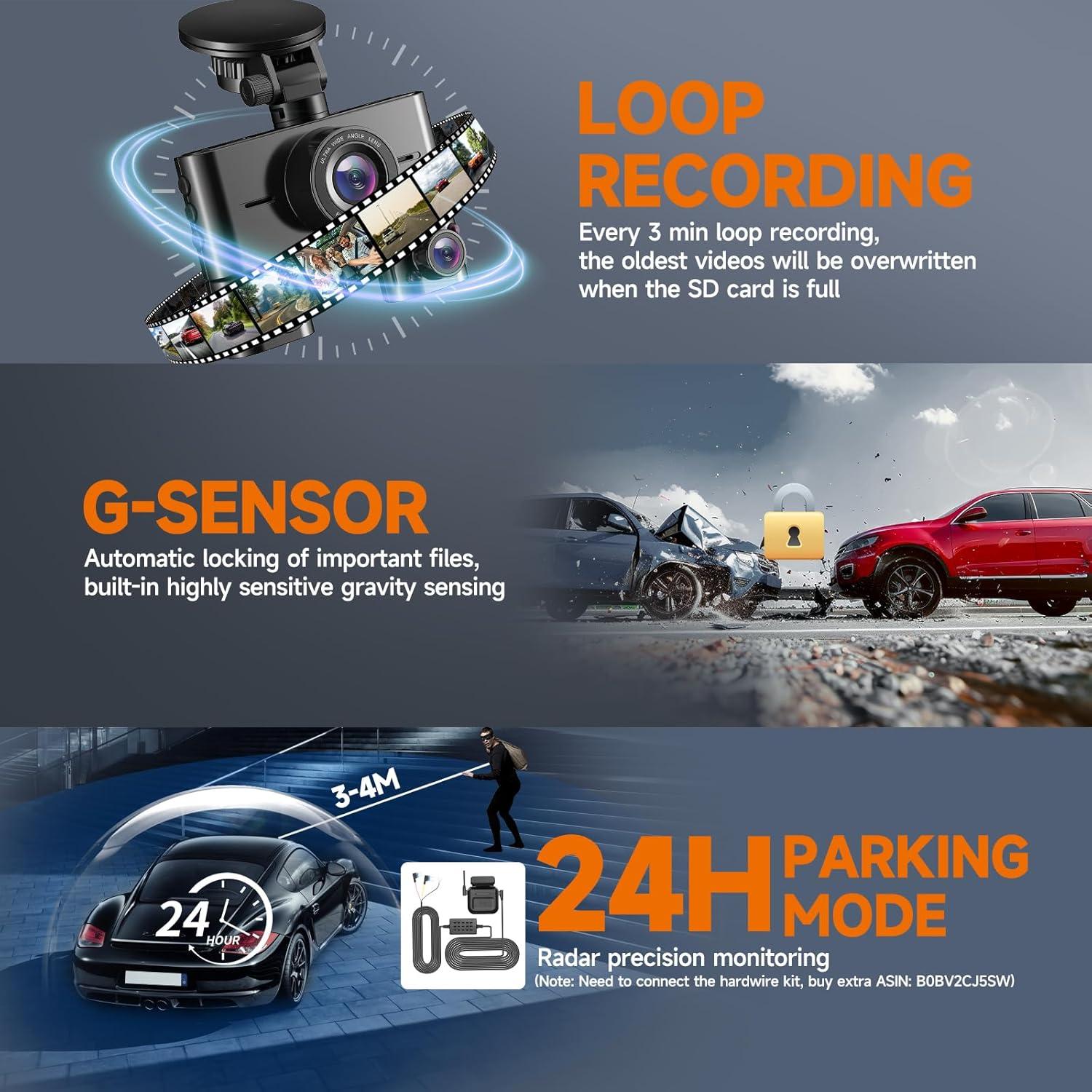 Cámara Dash 360° HUPEJOS V7 4 Canales FHD 1080p Wi-Fi 64GB