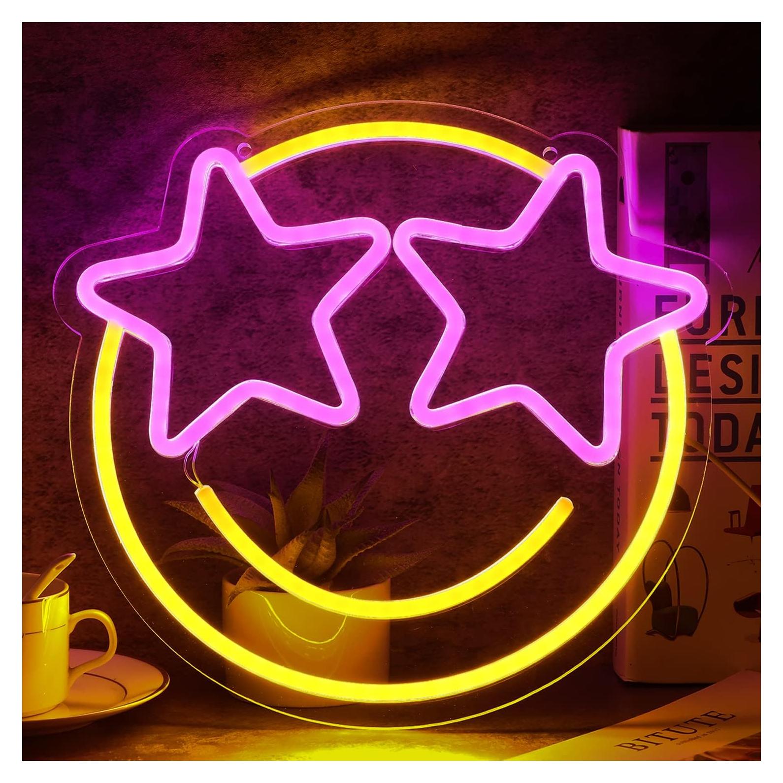 Cartel Neón LED Cara Sonriente Wootfairy 31x29 cm Rosa