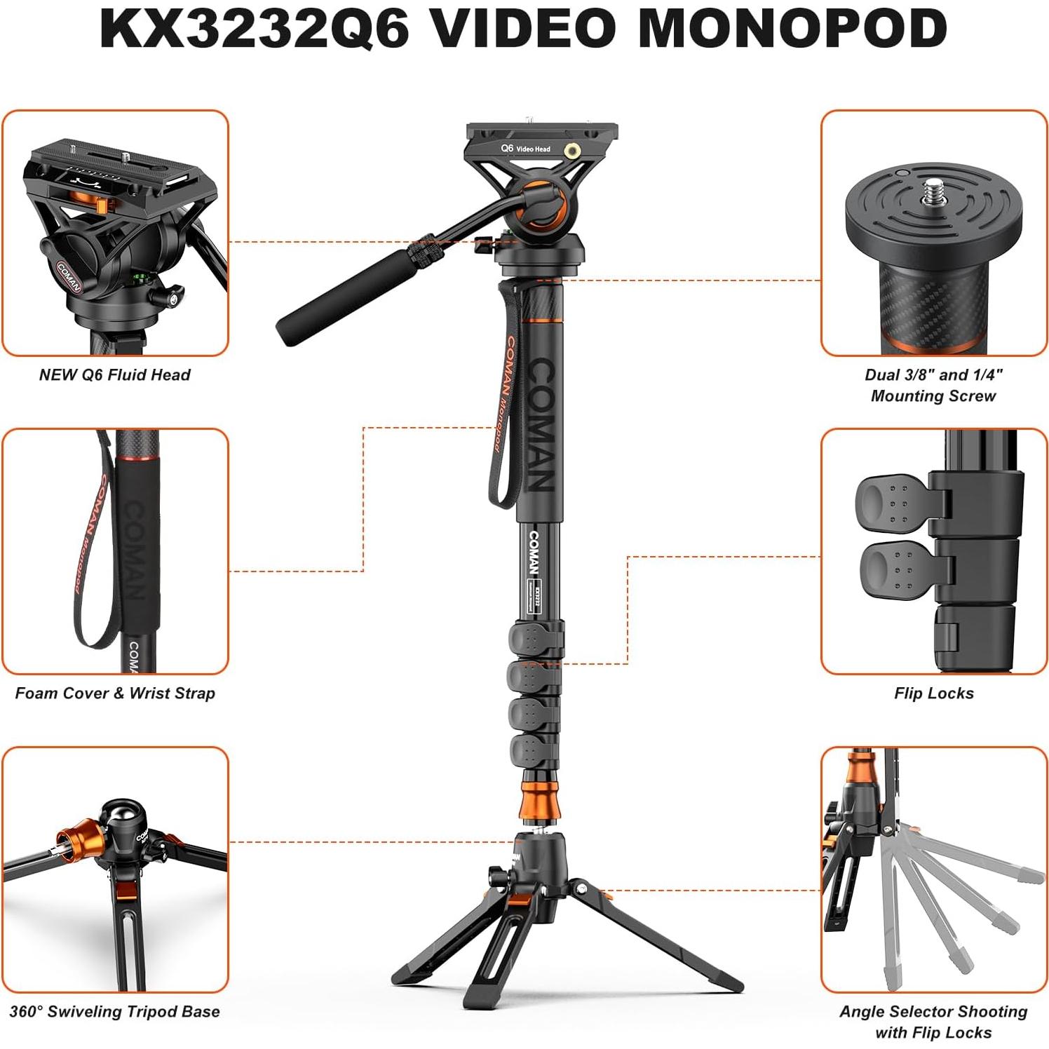Monopod Profesional COMAN KX3232-Q6 para Cámara 185 cm
