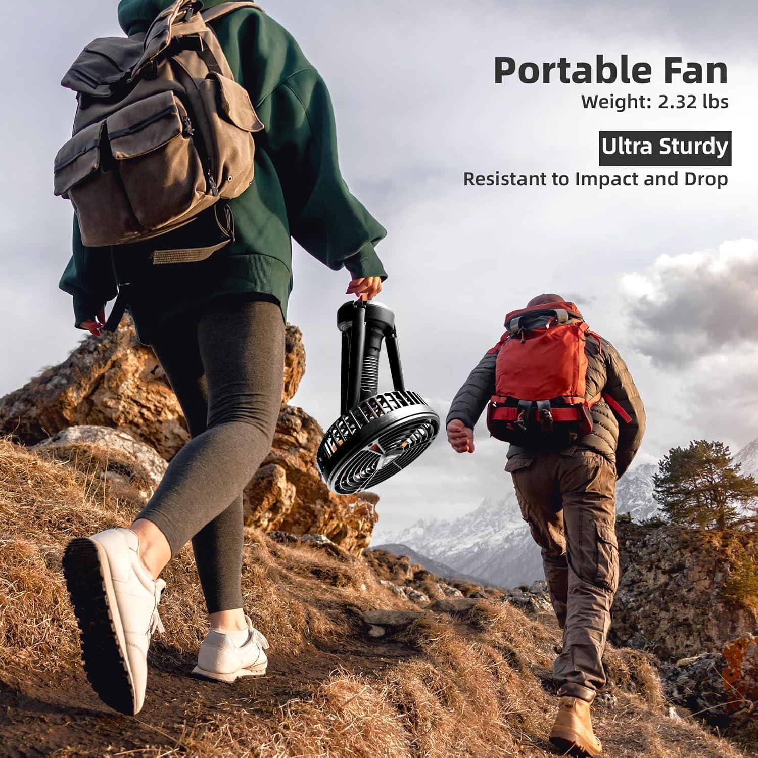 Table Camping Fan, 10000mAh Rechargeable Battery Operated Tripod Portable Tent Fan with LED Lantern,Hook, 270° Pivot, Stepless Speed-Ideal for Camping