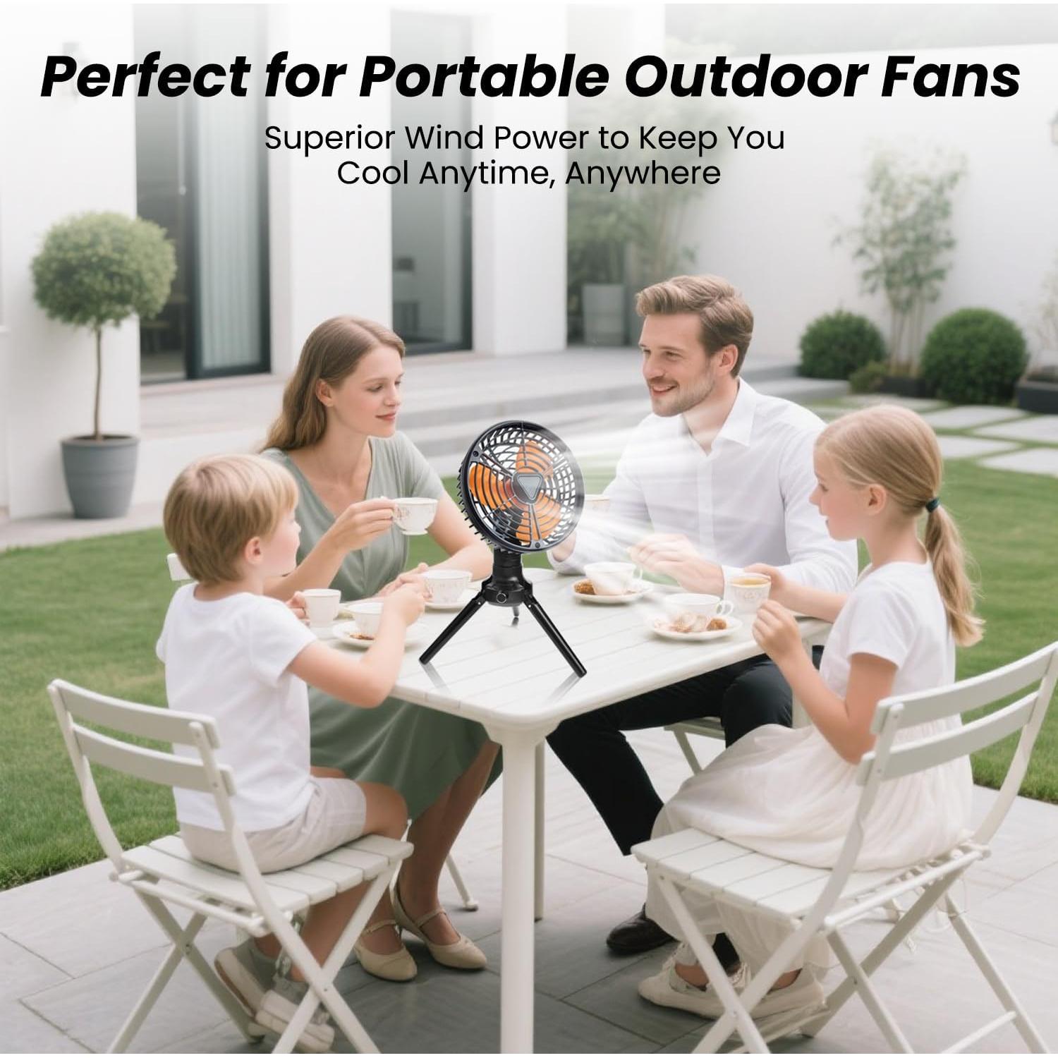 Table Camping Fan, 10000mAh Rechargeable Battery Operated Tripod Portable Tent Fan with LED Lantern,Hook, 270° Pivot, Stepless Speed-Ideal for Camping