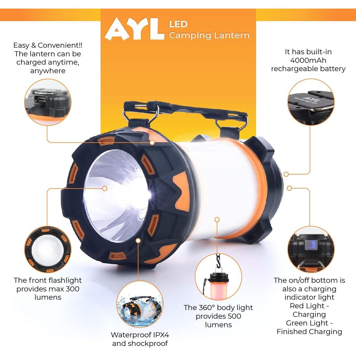 Linterna de Camping LED AYL 1000 Lúmenes Recargable IPX4