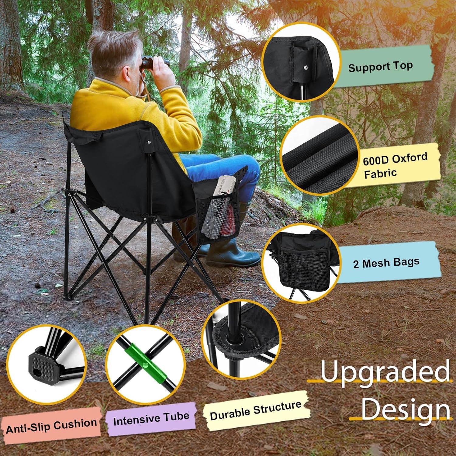 HaSteeL Folding Camping Chair, Portable Foldable Camp Chair for Adults, Comfortable 600D Oxford Fabric Collapsible Lawn Chairs for Indoor Outdoor Beach, 250lbs Weight Capacity, Storage Bag, Black