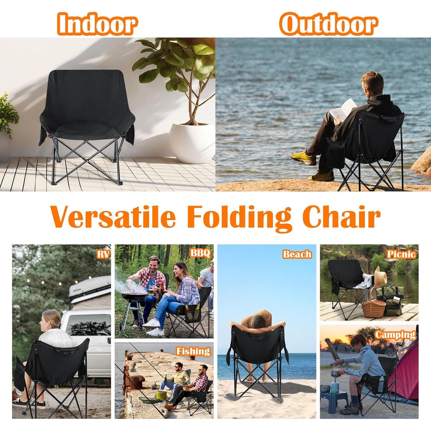 HaSteeL Folding Camping Chair, Portable Foldable Camp Chair for Adults, Comfortable 600D Oxford Fabric Collapsible Lawn Chairs for Indoor Outdoor Beach, 250lbs Weight Capacity, Storage Bag, Black