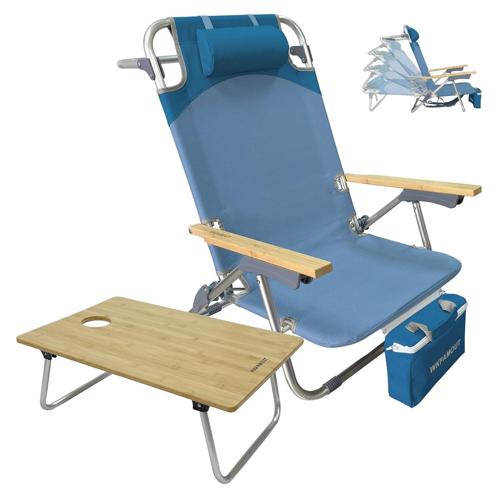Silla de Playa Plegable WKFAMOUT Azul con Mesa y Bolsa Térmica