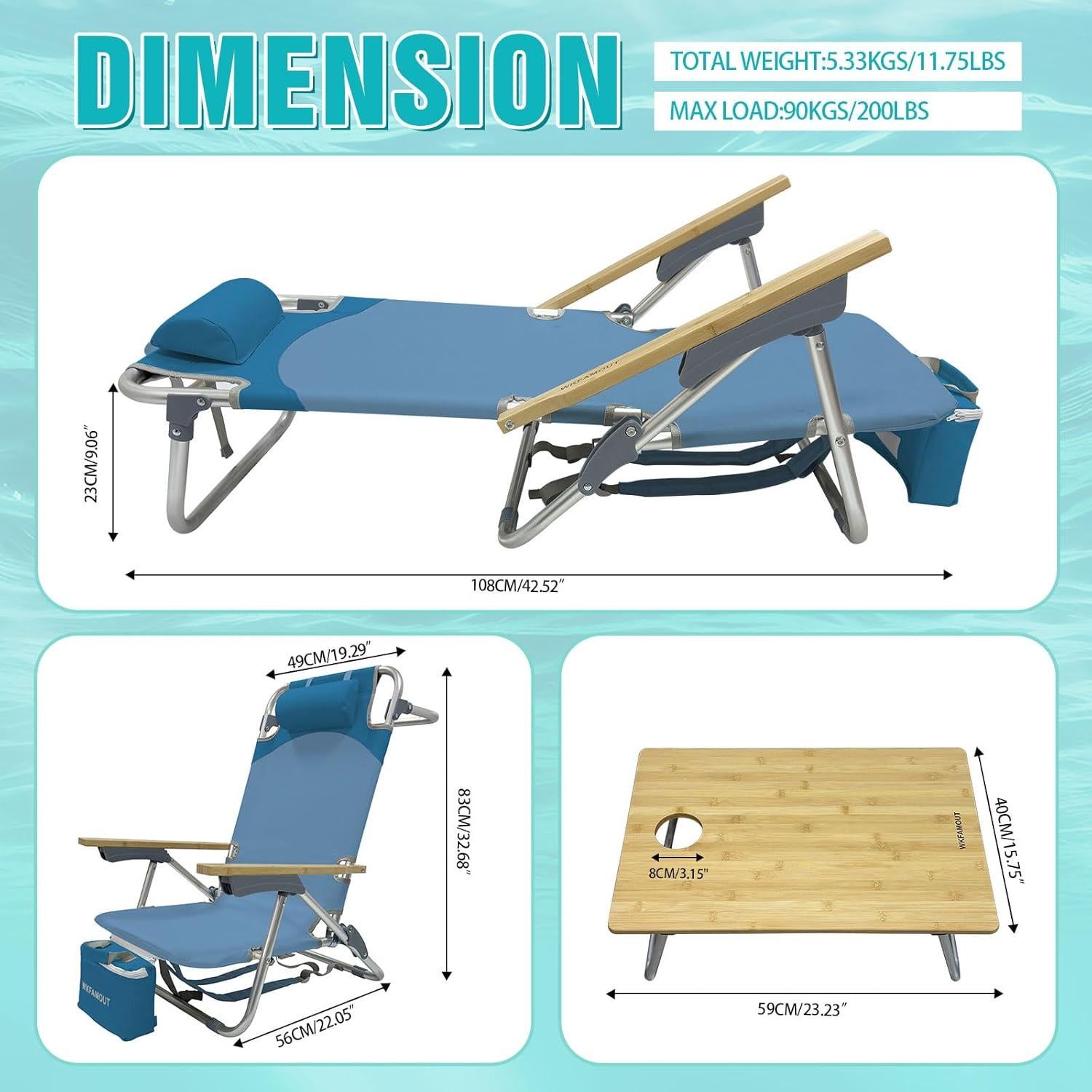 Silla de Playa Plegable WKFAMOUT Azul con Mesa y Bolsa Térmica