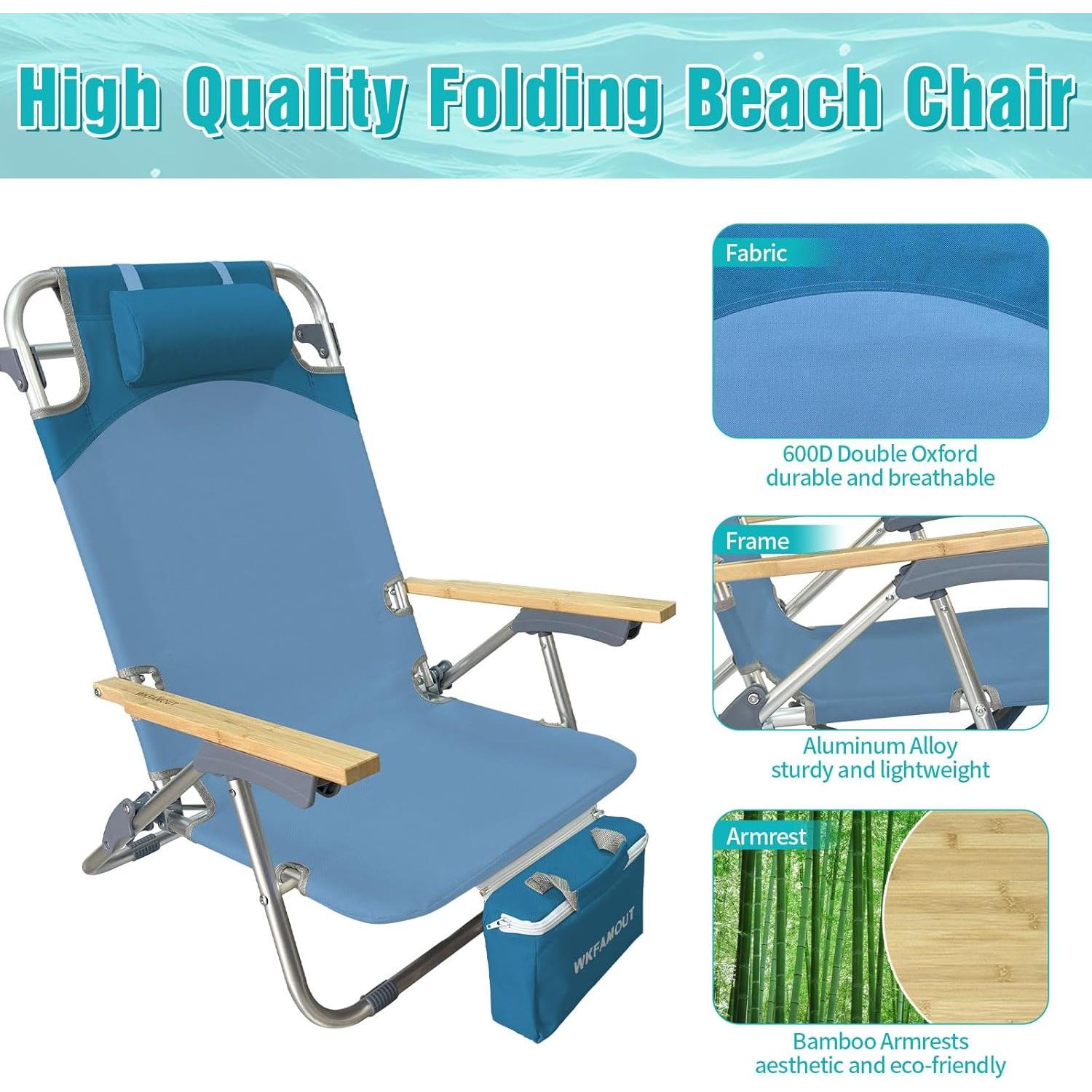 Silla de Playa Plegable WKFAMOUT Azul con Mesa y Bolsa Térmica