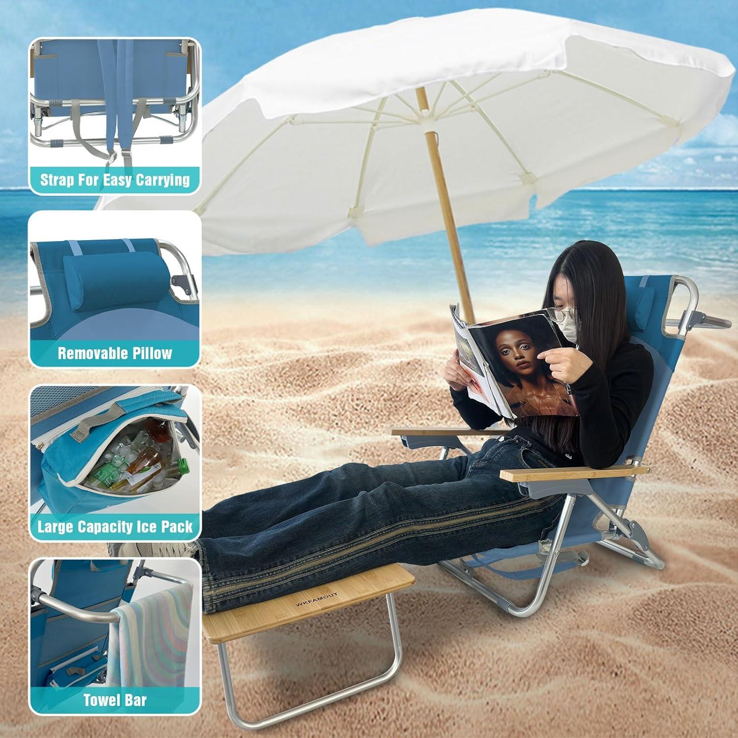 Silla de Playa Plegable WKFAMOUT Azul con Mesa y Bolsa Térmica