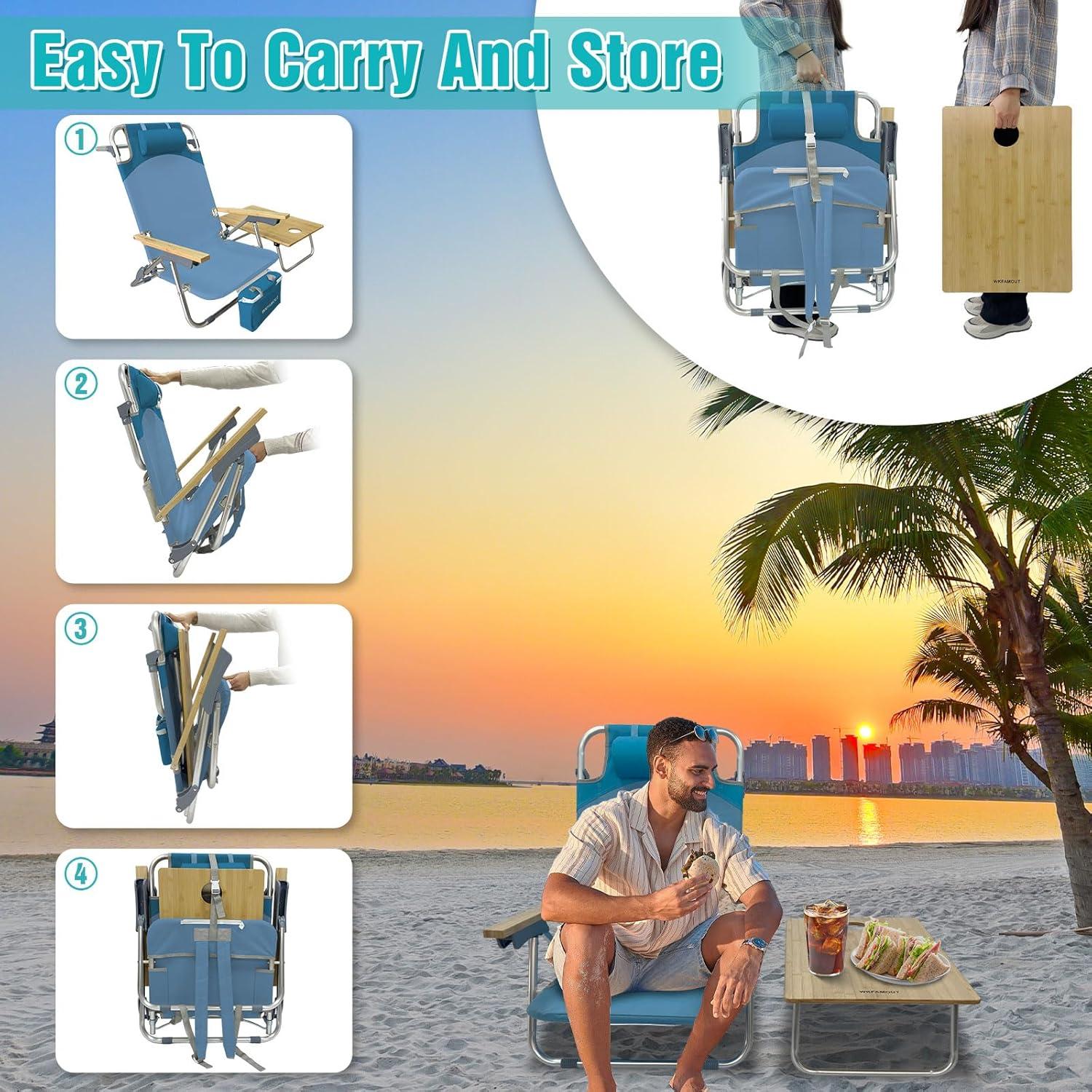 Silla de Playa Plegable WKFAMOUT Azul con Mesa y Bolsa Térmica