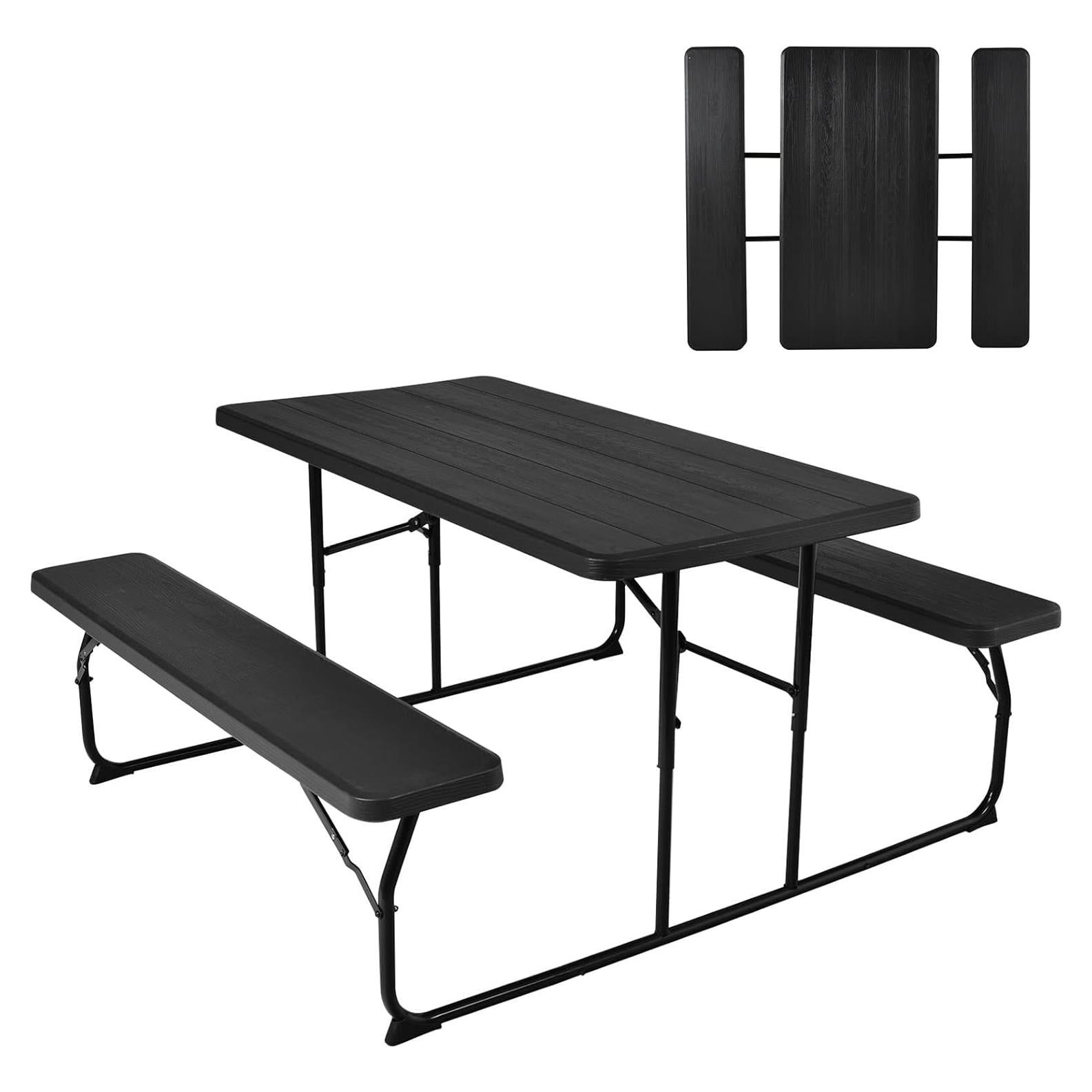 GYMAX Picnic Table, 550 LBS Folding Picnic Tables with Benches & Seats, Weather-Resistant Easy Setup Portable Picnic Table, Wood-Like Foldable Picnic Tables for Outdoors Patio Deck Party BBQ (Black)