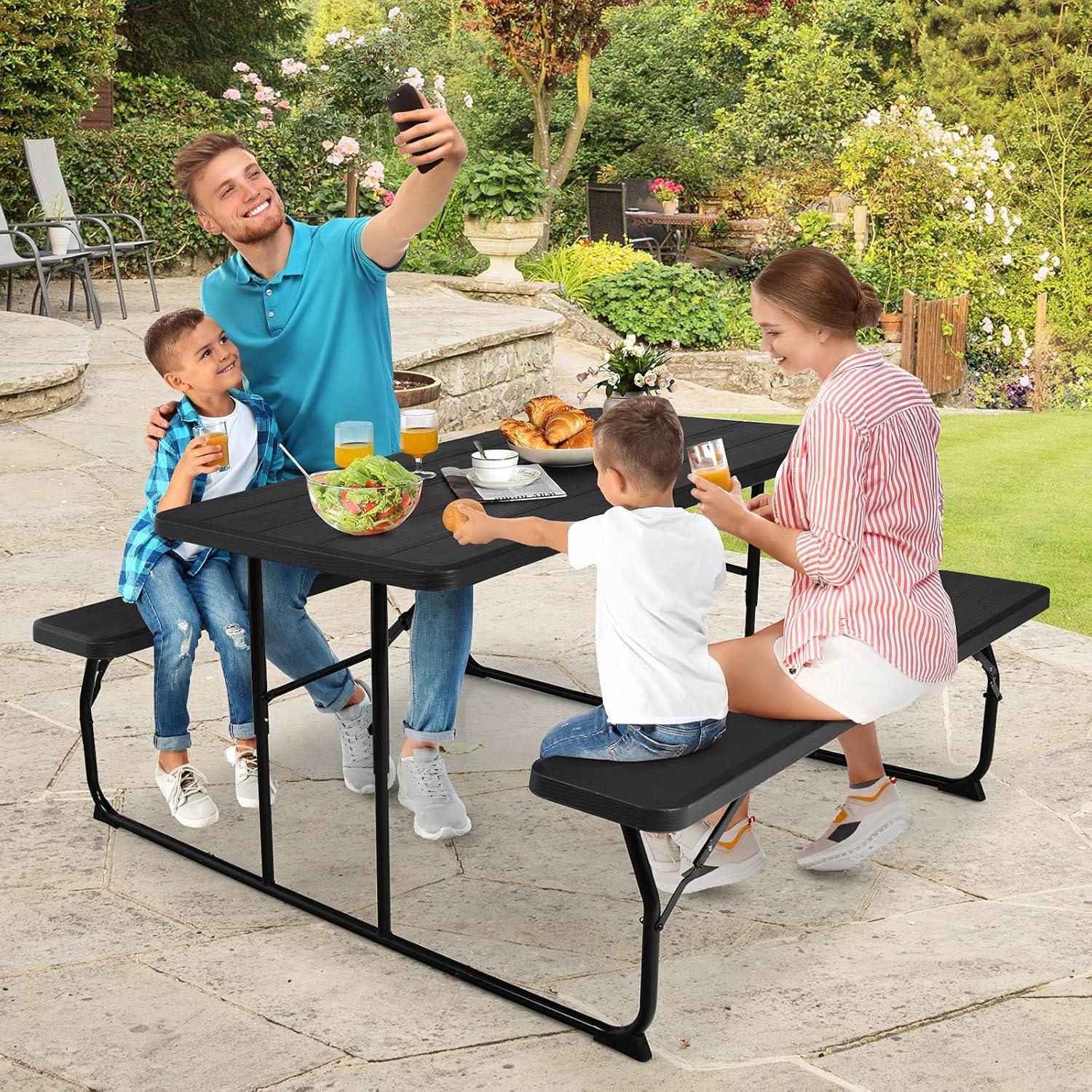 GYMAX Picnic Table, 550 LBS Folding Picnic Tables with Benches & Seats, Weather-Resistant Easy Setup Portable Picnic Table, Wood-Like Foldable Picnic Tables for Outdoors Patio Deck Party BBQ (Black)