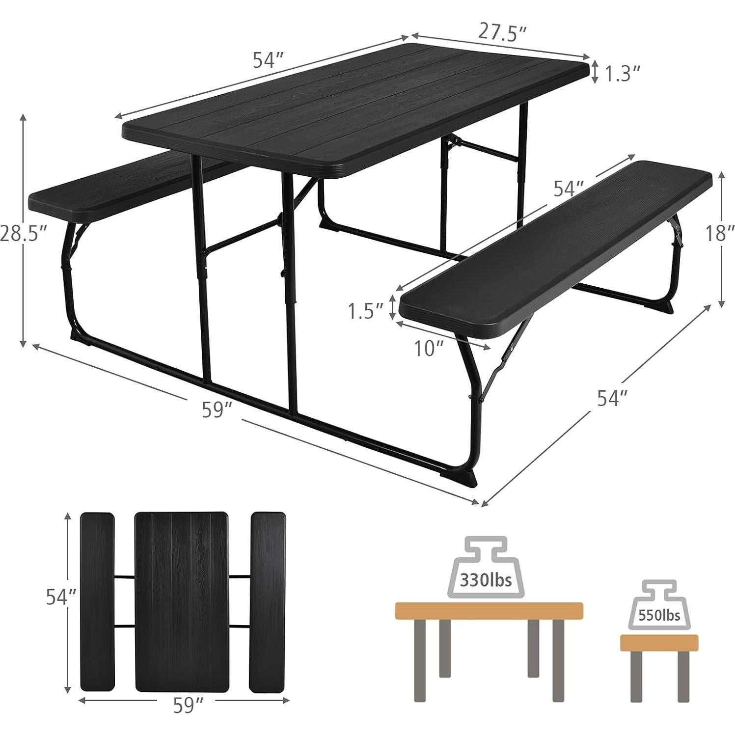 GYMAX Picnic Table, 550 LBS Folding Picnic Tables with Benches & Seats, Weather-Resistant Easy Setup Portable Picnic Table, Wood-Like Foldable Picnic Tables for Outdoors Patio Deck Party BBQ (Black)