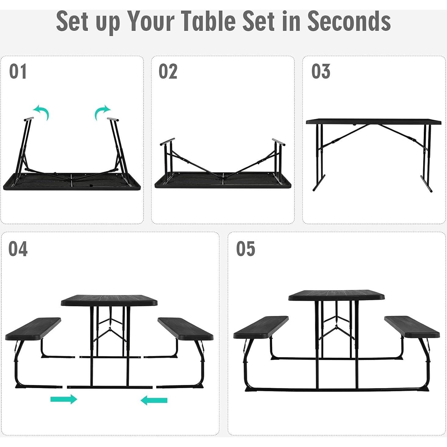 GYMAX Picnic Table, 550 LBS Folding Picnic Tables with Benches & Seats, Weather-Resistant Easy Setup Portable Picnic Table, Wood-Like Foldable Picnic Tables for Outdoors Patio Deck Party BBQ (Black)