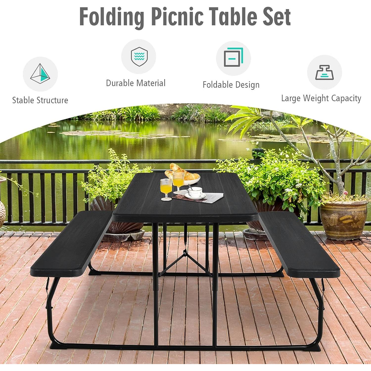 GYMAX Picnic Table, 550 LBS Folding Picnic Tables with Benches & Seats, Weather-Resistant Easy Setup Portable Picnic Table, Wood-Like Foldable Picnic Tables for Outdoors Patio Deck Party BBQ (Black)