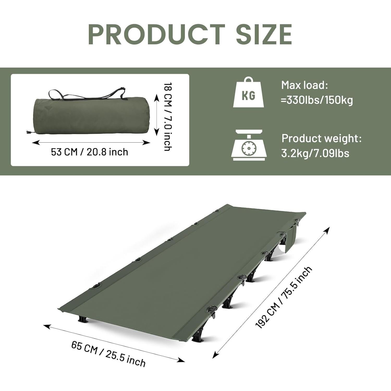 Cama de Camping Plegable SKDGPS Verde Militar 2.67kg 190x65cm