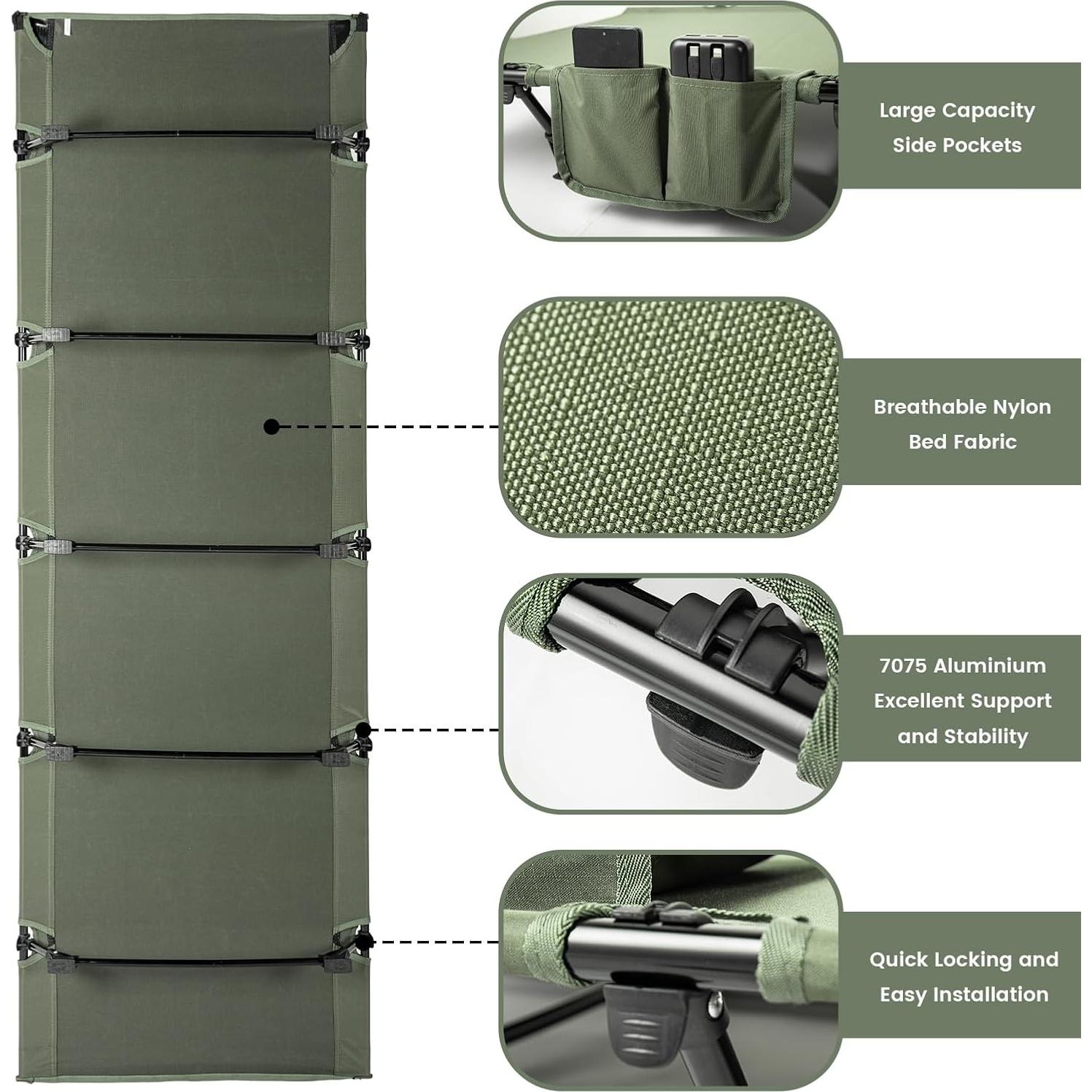 Cama de Camping Plegable SKDGPS Verde Militar 2.67kg 190x65cm