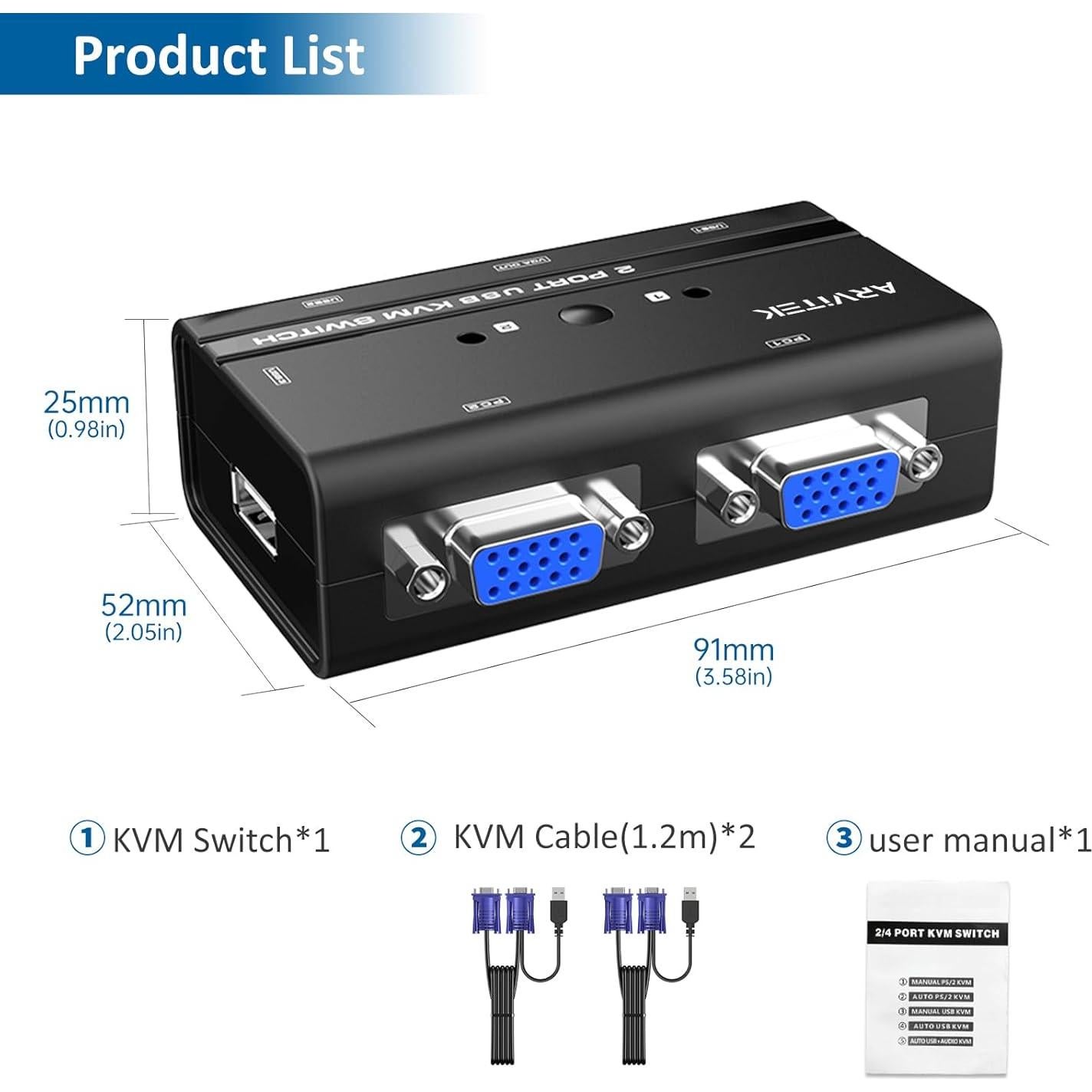 Interruptor KVM VGA 2 Puertos Arvitek AT-260KL USB