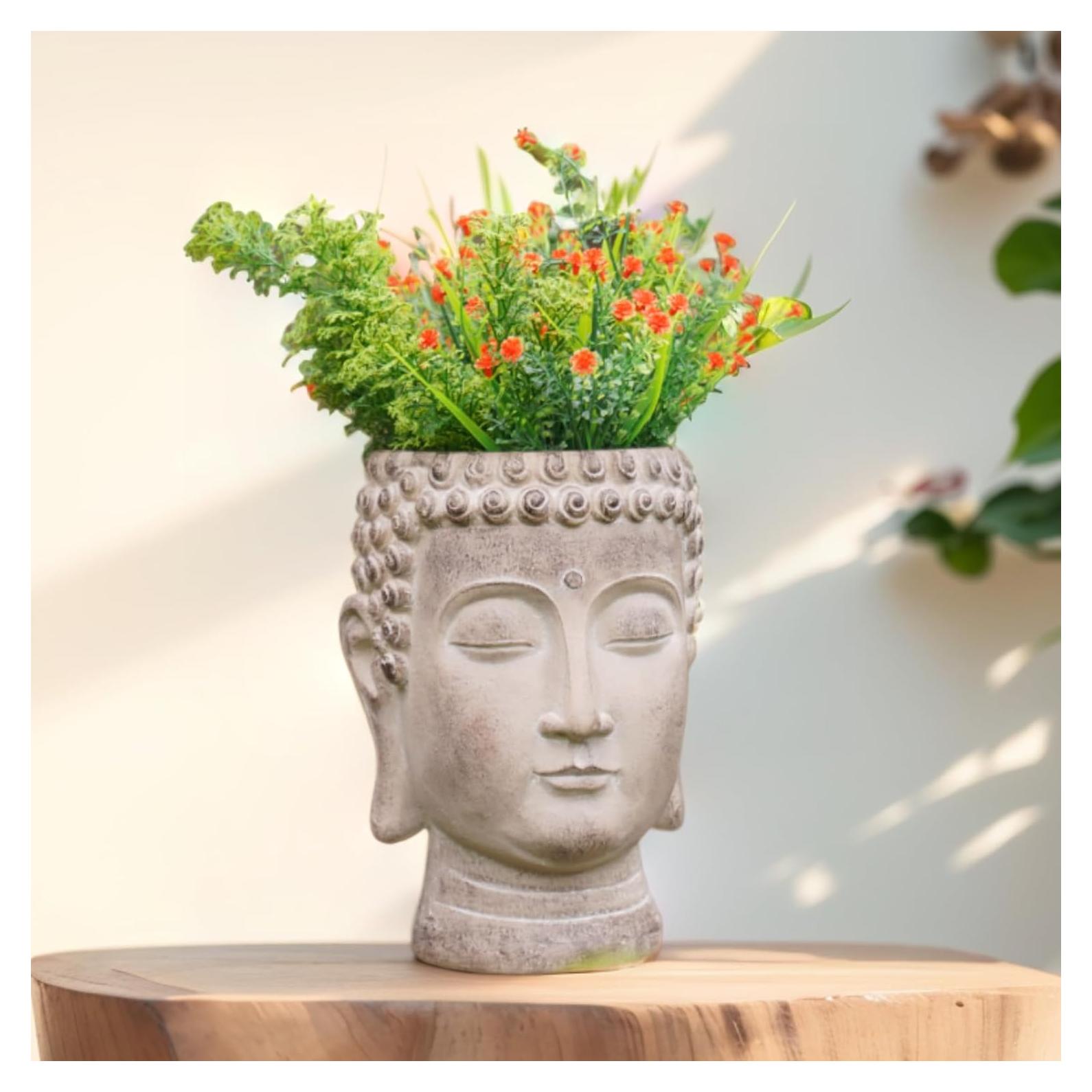 Buddha - Face Flower Pot - Head Planters - Garden Statue - Cactus Succulents Planter Pot Indoor Outdoor Planter with Drainage Hole Unique Garden Farmhouse Decor 6.25*6.5*8.25 Inch Newman House Studio