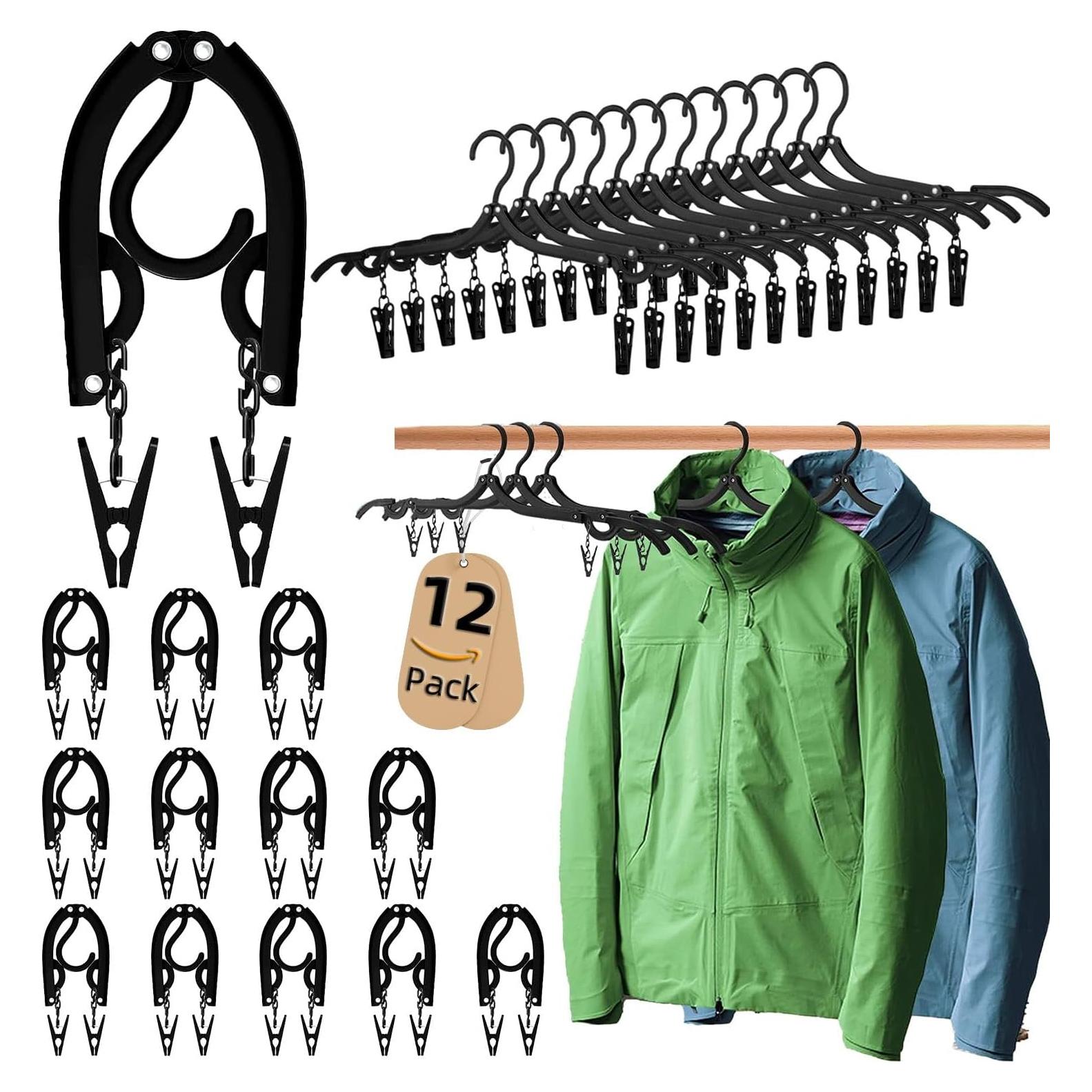 12 Perchas de Viaje Pansyling Negras Plegables con Clips