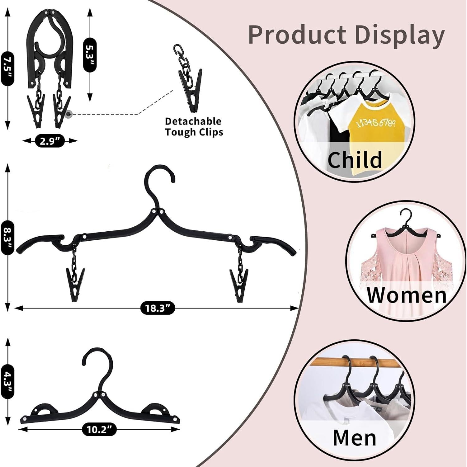 12 Perchas de Viaje Pansyling Negras Plegables con Clips