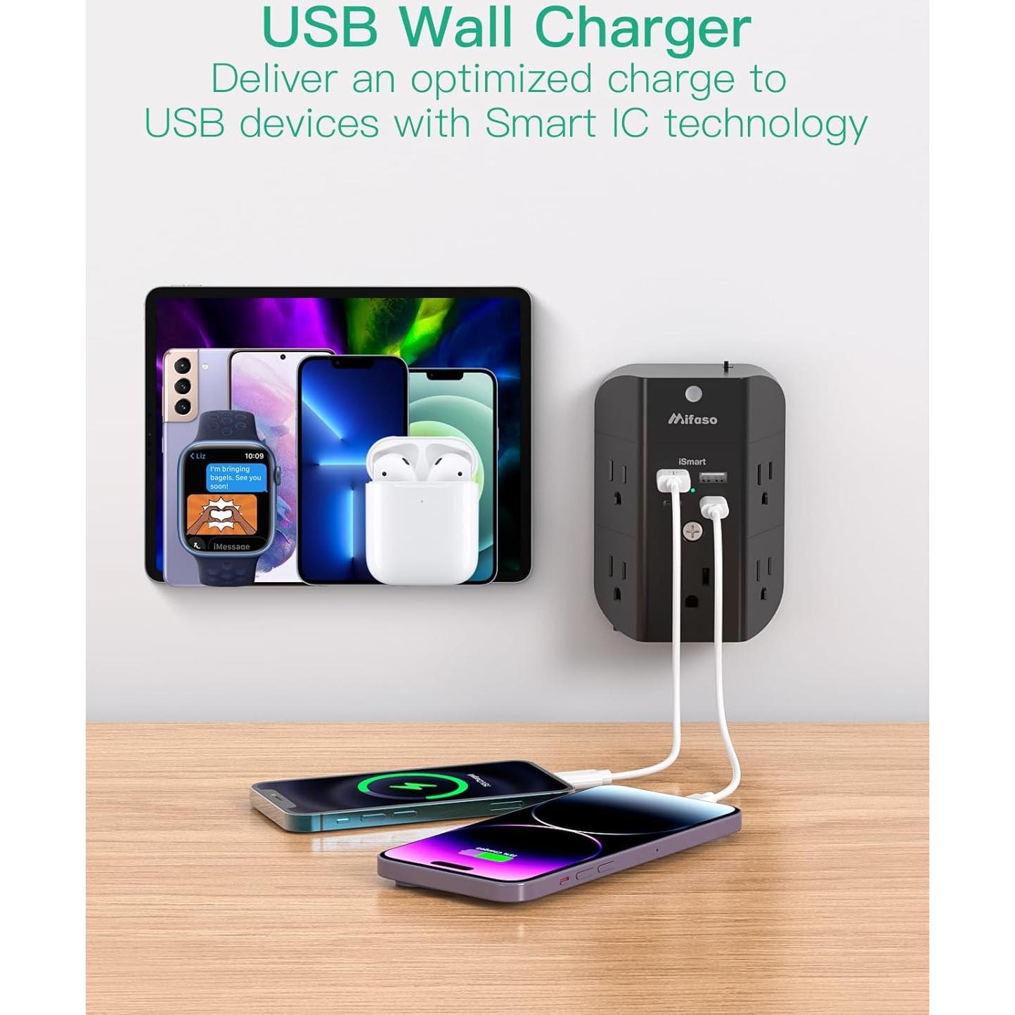 Extensor de Enchufe MIFASOPOWER 5 AC + 4 USB, Protector 1080J