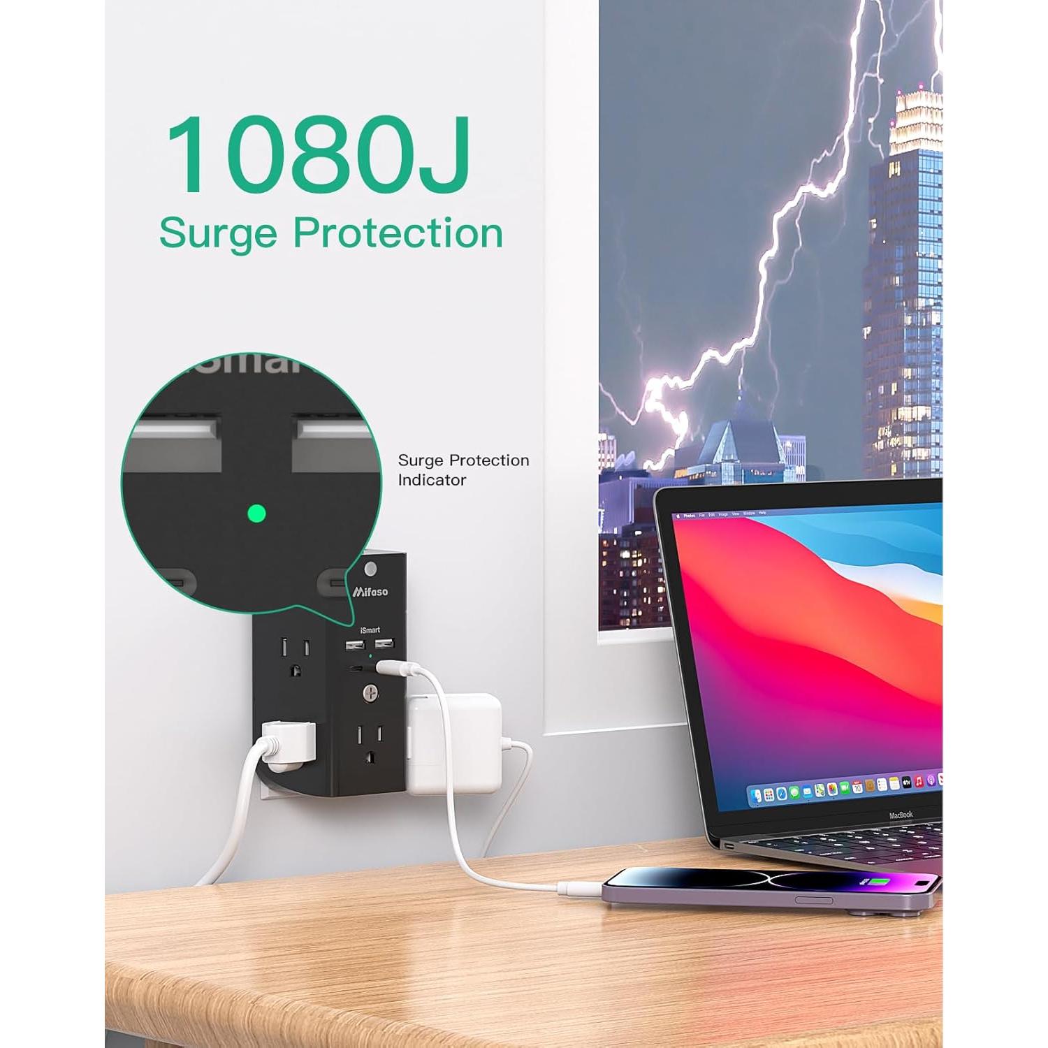 Extensor de Enchufe MIFASOPOWER 5 AC + 4 USB, Protector 1080J