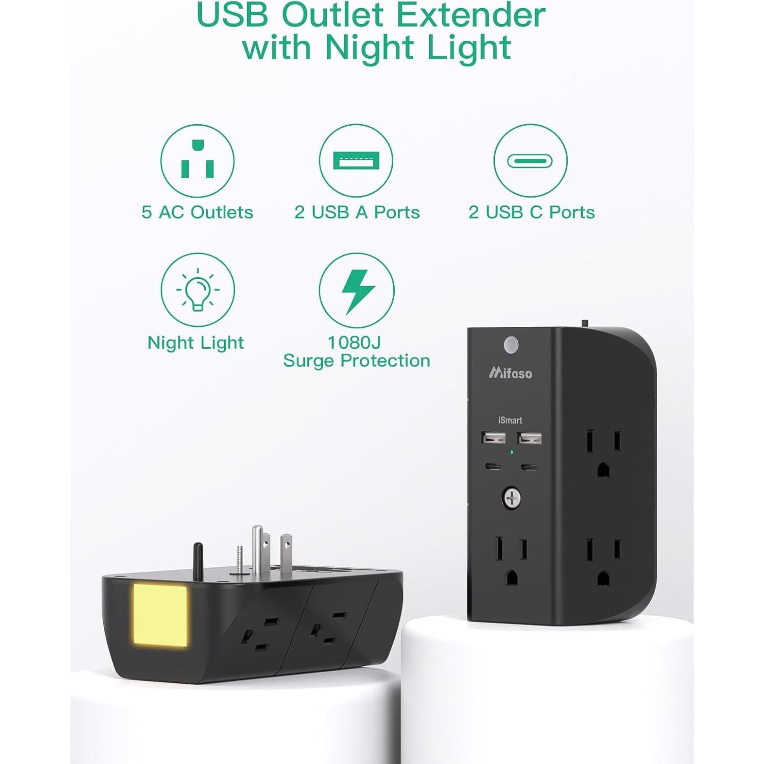 Extensor de Enchufe MIFASOPOWER 5 AC + 4 USB, Protector 1080J