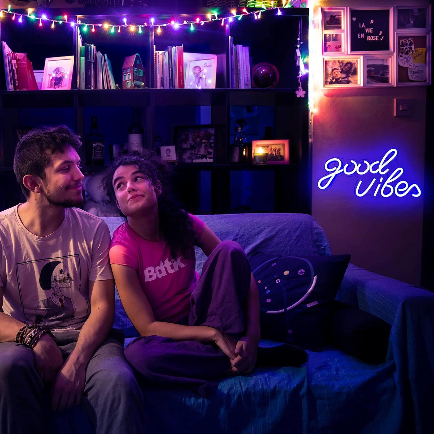 Letrero de Neón Buenas Vibras LED 40x24cm USB Azul