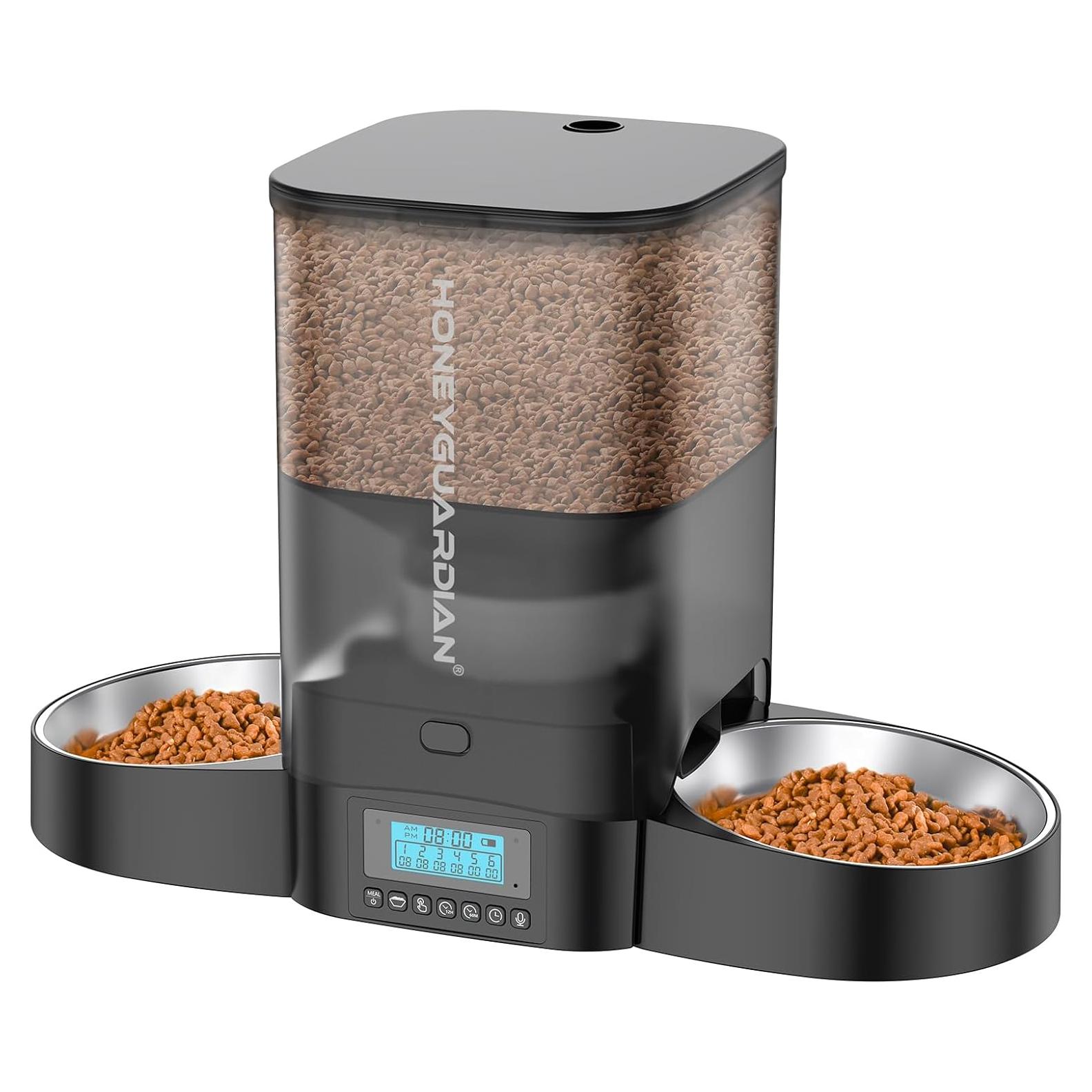 HoneyGuaridan Automatic Cat Feeder for Two Cats, Food Dispenser with Stainless Steel Bowl,Timed Cat Feeder Programmable 1-6 Meals Control, Dual Power Supply,10s Meal Call Black
