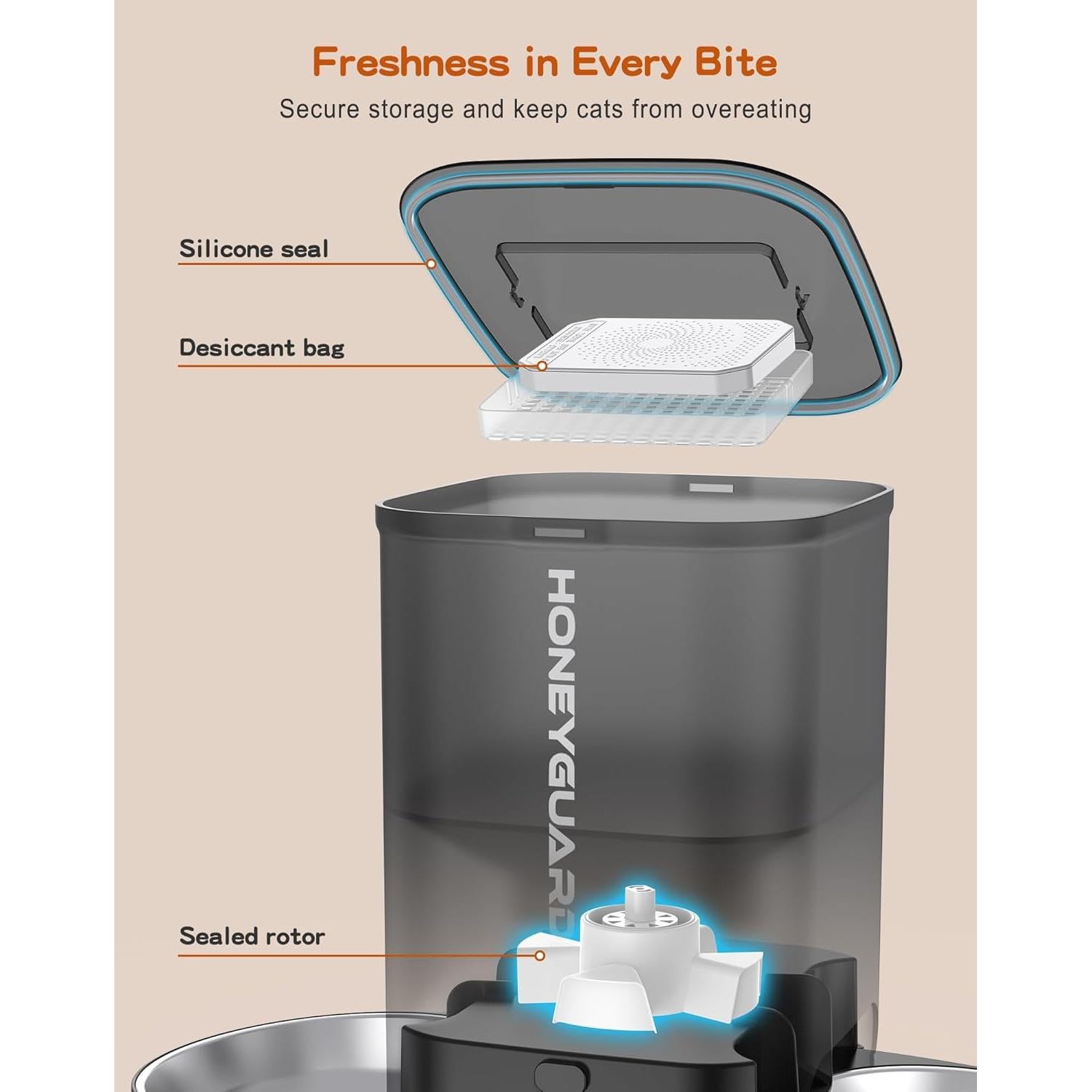 HoneyGuaridan Automatic Cat Feeder for Two Cats, Food Dispenser with Stainless Steel Bowl,Timed Cat Feeder Programmable 1-6 Meals Control, Dual Power Supply,10s Meal Call Black