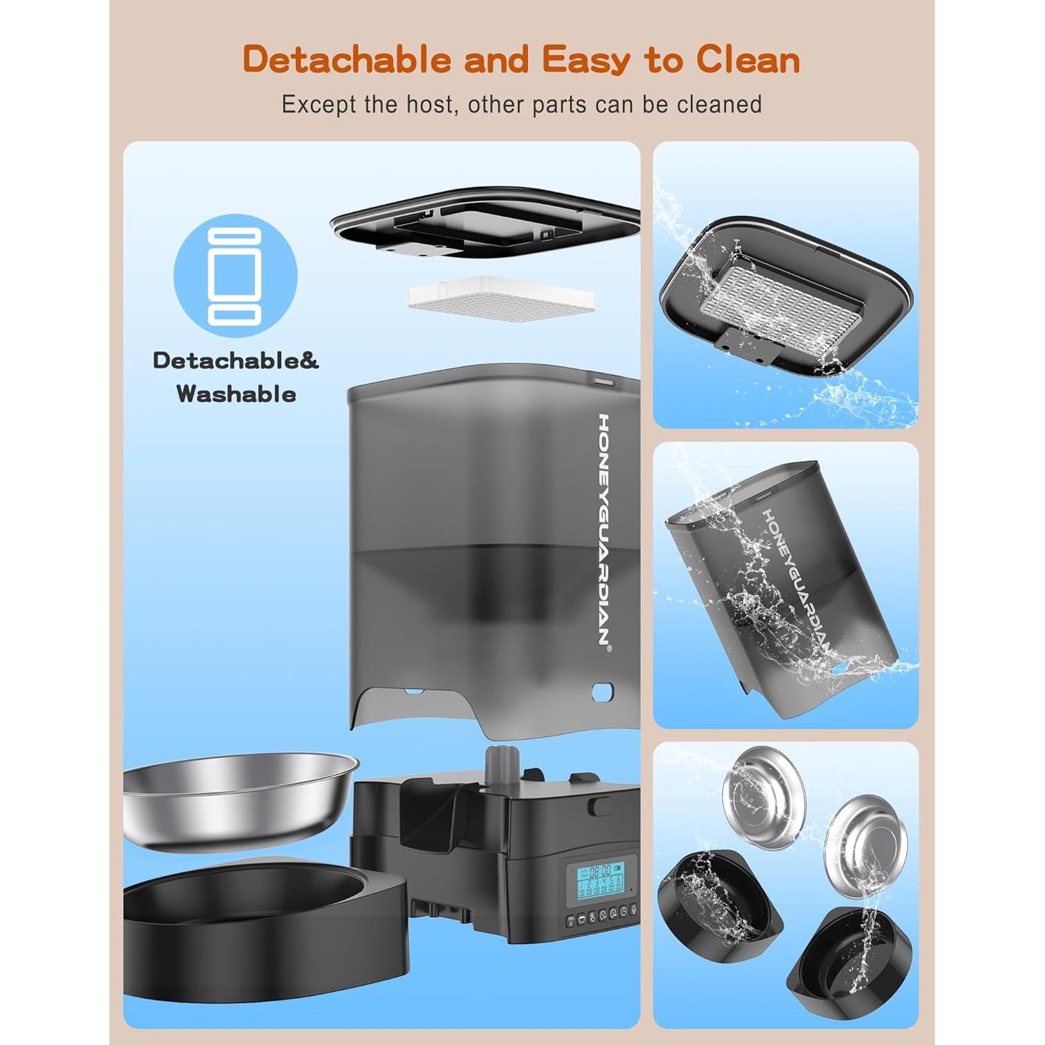 HoneyGuaridan Automatic Cat Feeder for Two Cats, Food Dispenser with Stainless Steel Bowl,Timed Cat Feeder Programmable 1-6 Meals Control, Dual Power Supply,10s Meal Call Black