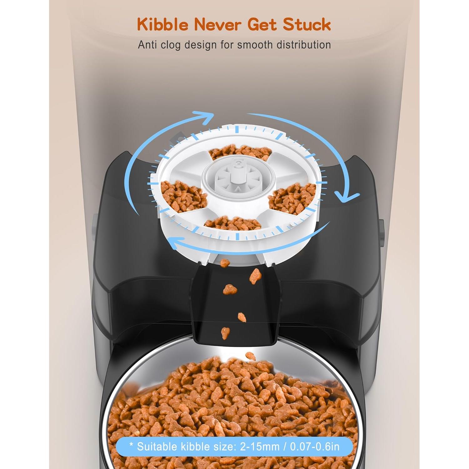 HoneyGuaridan Automatic Cat Feeder for Two Cats, Food Dispenser with Stainless Steel Bowl,Timed Cat Feeder Programmable 1-6 Meals Control, Dual Power Supply,10s Meal Call Black