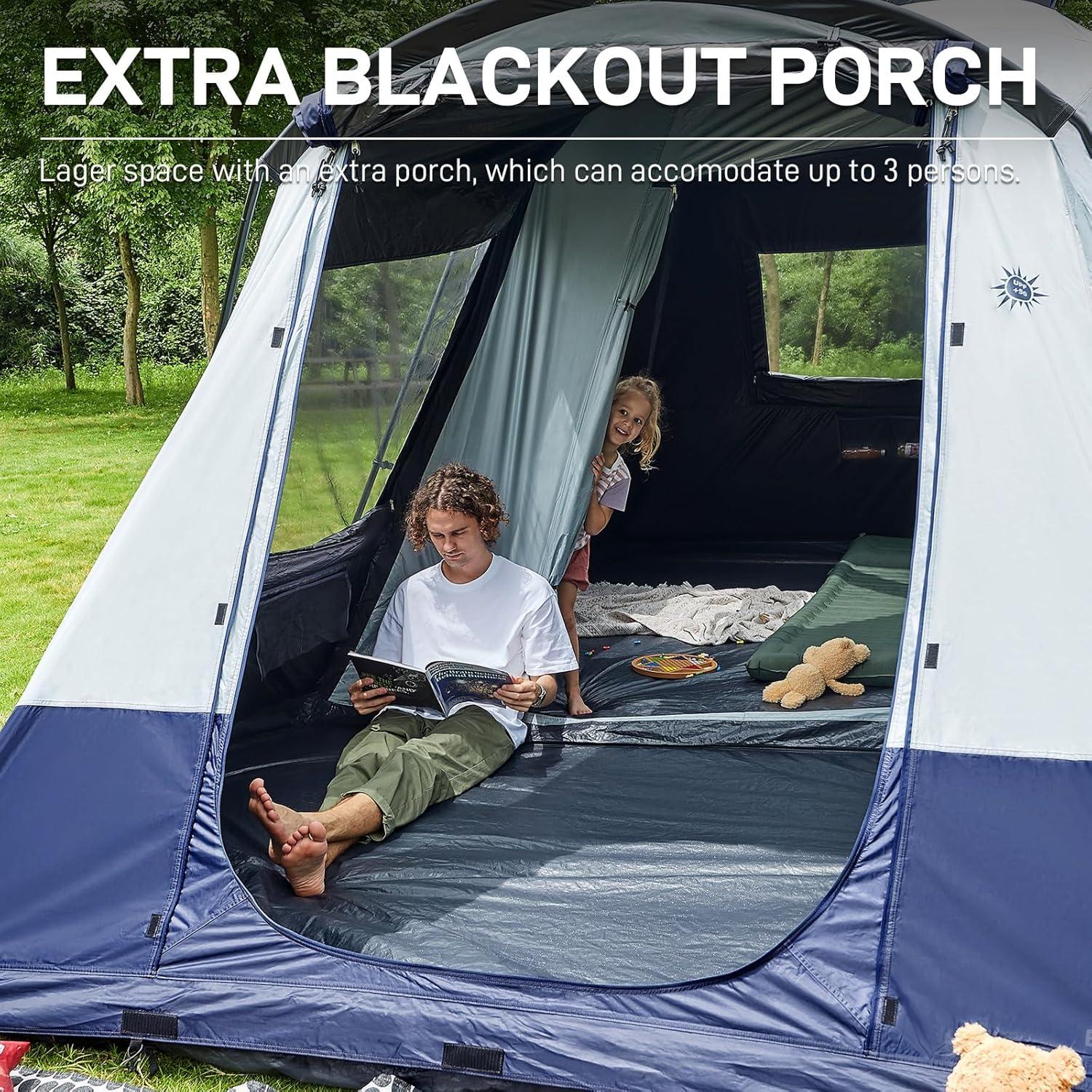 EVER ADVANCED 8 Person Blackout Cabin Tent, Camping Tent with Multi Room, Family Tent with Extra Porch and Rainfly, 2 Rooms Huge Portable Tent with Carry Bag, Water Resistant