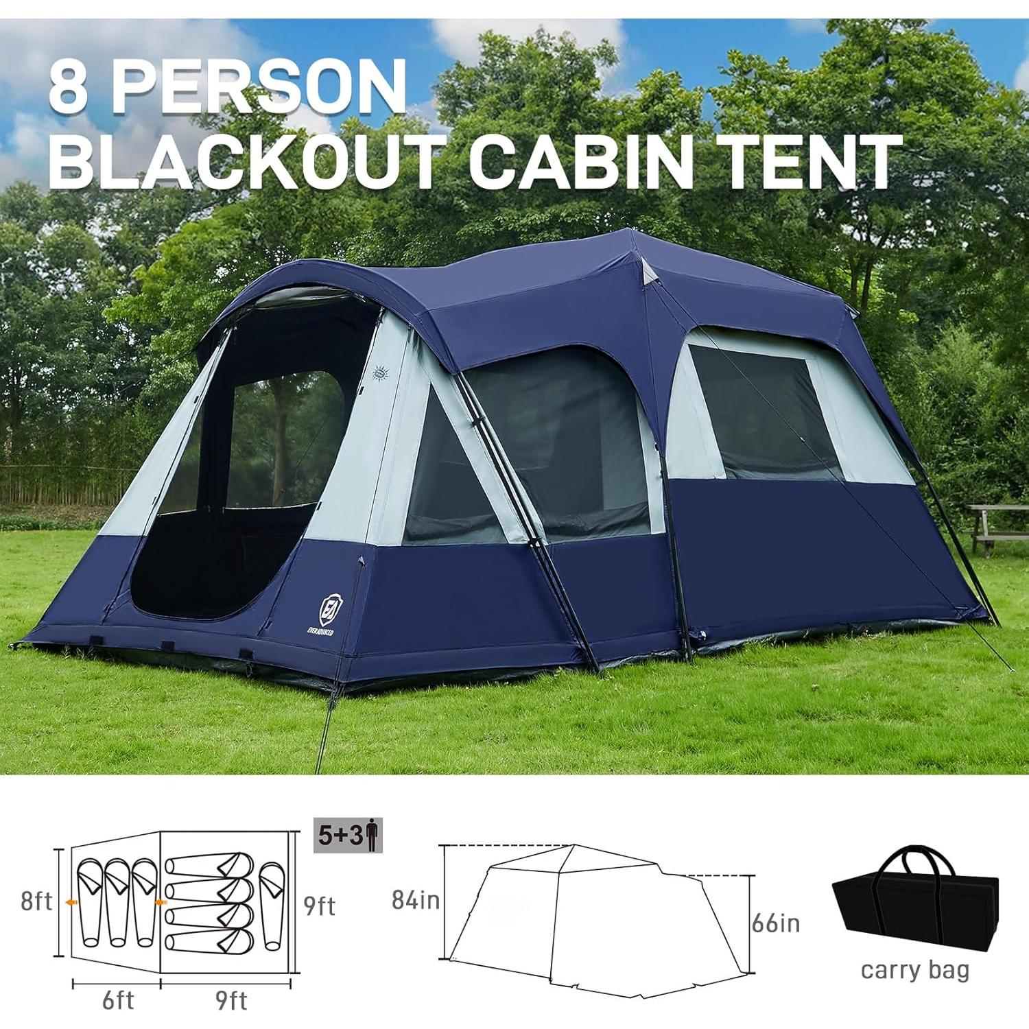 EVER ADVANCED 8 Person Blackout Cabin Tent, Camping Tent with Multi Room, Family Tent with Extra Porch and Rainfly, 2 Rooms Huge Portable Tent with Carry Bag, Water Resistant