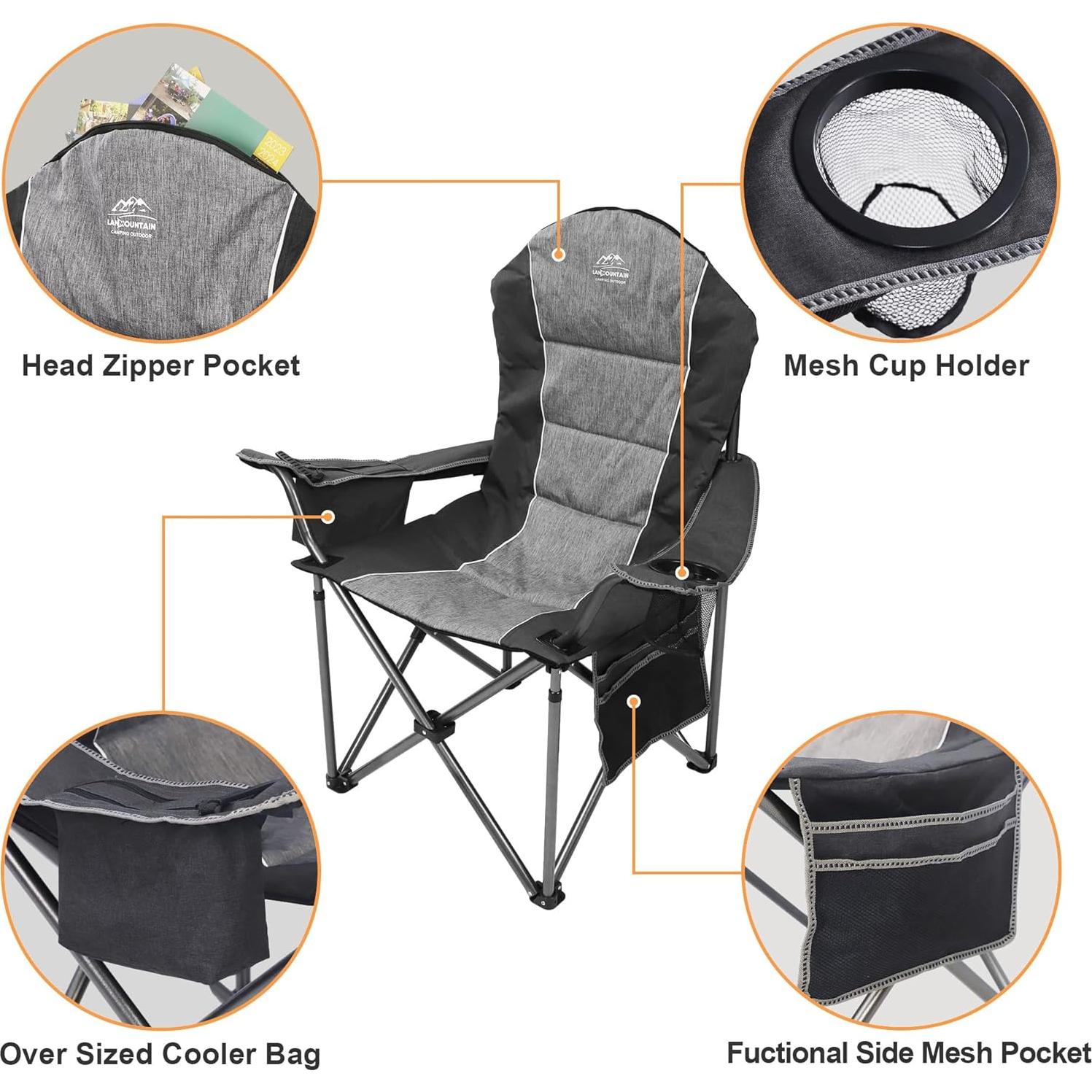 Silla de Camping Plegable LANMOUNTAIN Charles Negra con Portavasos