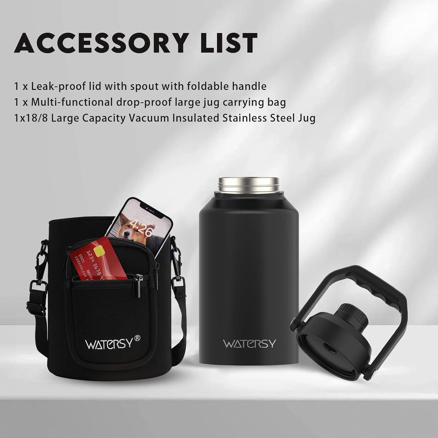 Botella de Agua Aislada WATERSY 2.57L Negra, Doble Pared