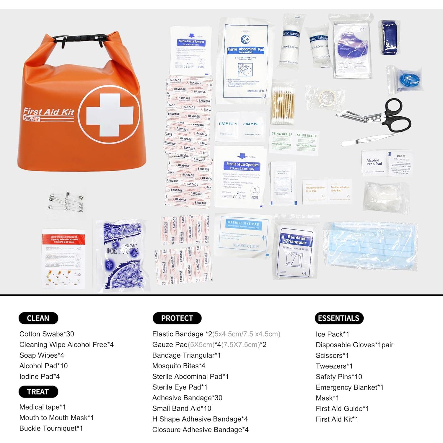 Waterproof First Aid Kit, Lightweight Boat Dry Bag, Medical Kit Emergency Survival Kit for Backpacking, Hiking, Travel, Car, Fishing, Kayak, Floating, Swimming, Camping, Cycling, Climbing(Orange)