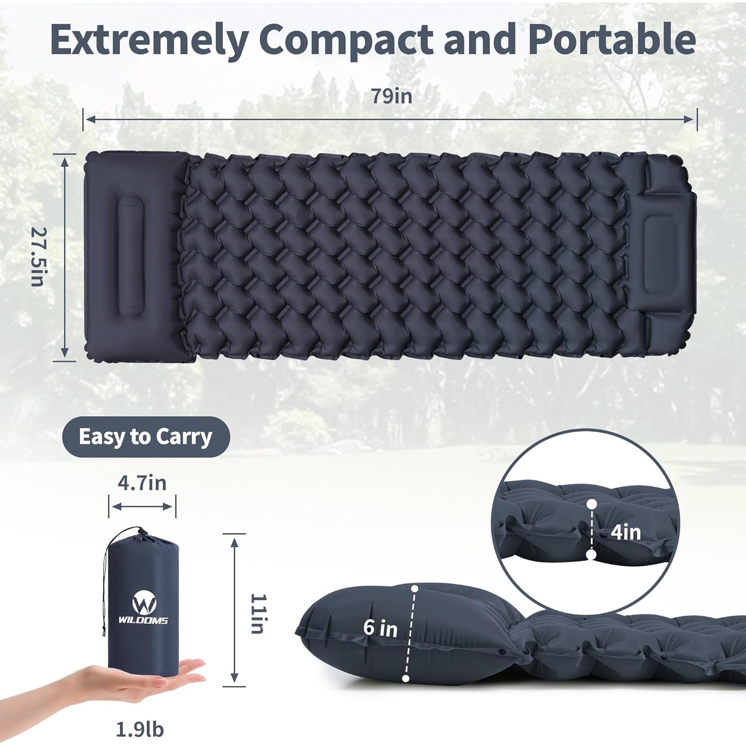 Colchoneta Inflable WILDOMS 4" (10.16 cm) con Almohada Azul