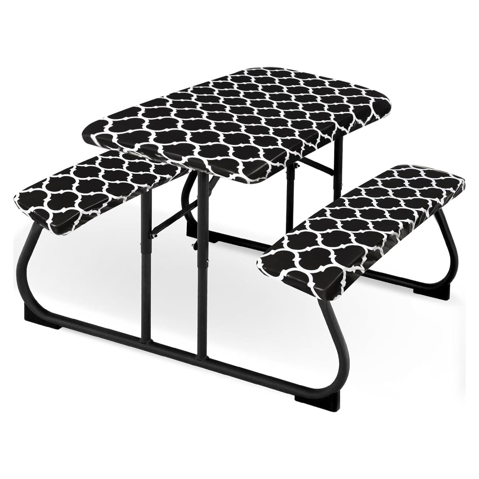 Moukeren 3 Pieces Picnic Table Cover for Kids with Bench Covers Fitted Tablecloth for Outdoors Vinyl Waterproof Cloth for Camping Home Goods Indoor Outdoor Patio BBQ(Black)