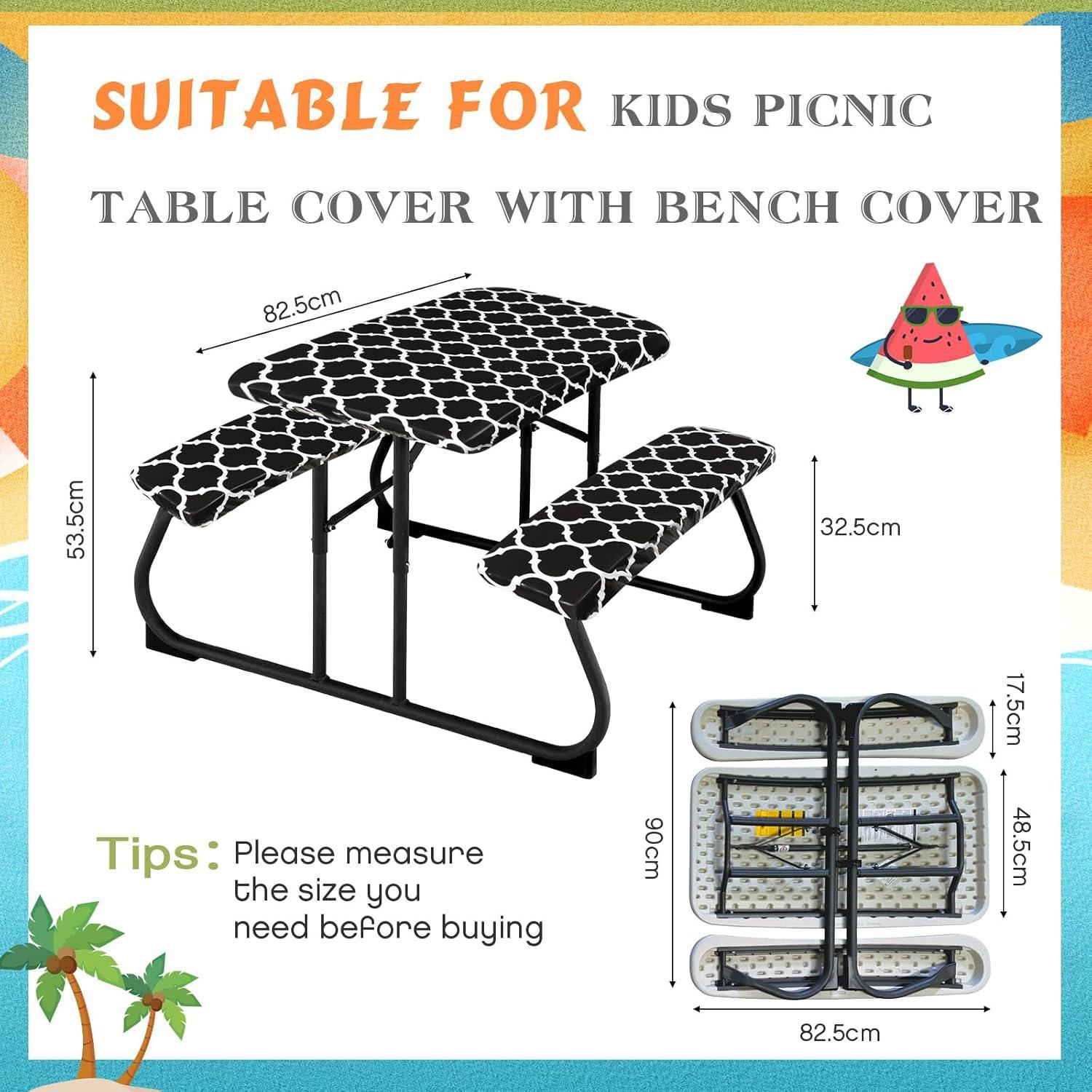 Moukeren 3 Pieces Picnic Table Cover for Kids with Bench Covers Fitted Tablecloth for Outdoors Vinyl Waterproof Cloth for Camping Home Goods Indoor Outdoor Patio BBQ(Black)