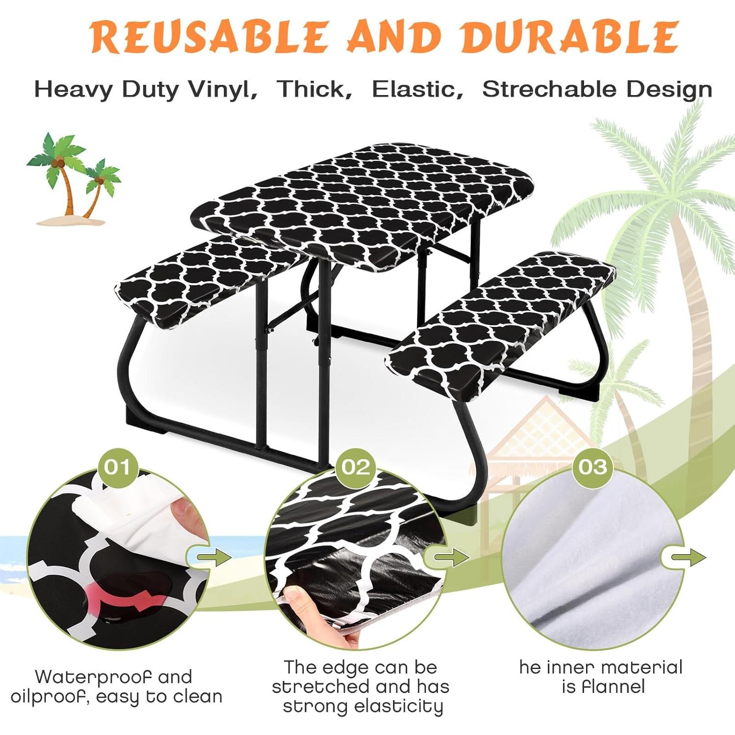 Moukeren 3 Pieces Picnic Table Cover for Kids with Bench Covers Fitted Tablecloth for Outdoors Vinyl Waterproof Cloth for Camping Home Goods Indoor Outdoor Patio BBQ(Black)