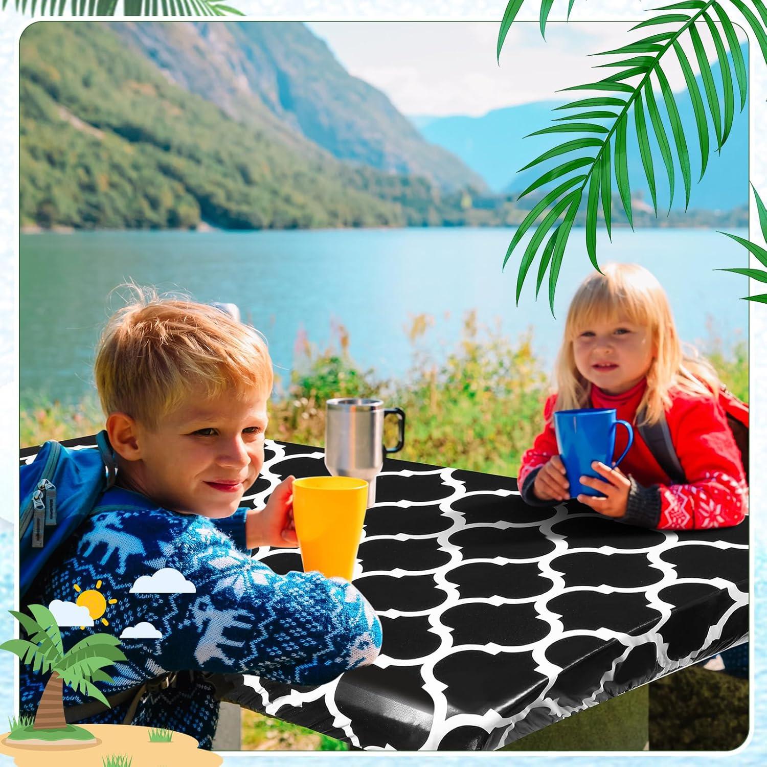 Moukeren 3 Pieces Picnic Table Cover for Kids with Bench Covers Fitted Tablecloth for Outdoors Vinyl Waterproof Cloth for Camping Home Goods Indoor Outdoor Patio BBQ(Black)