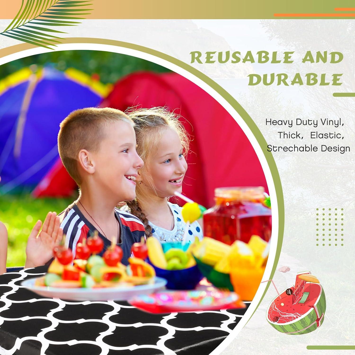 Moukeren 3 Pieces Picnic Table Cover for Kids with Bench Covers Fitted Tablecloth for Outdoors Vinyl Waterproof Cloth for Camping Home Goods Indoor Outdoor Patio BBQ(Black)